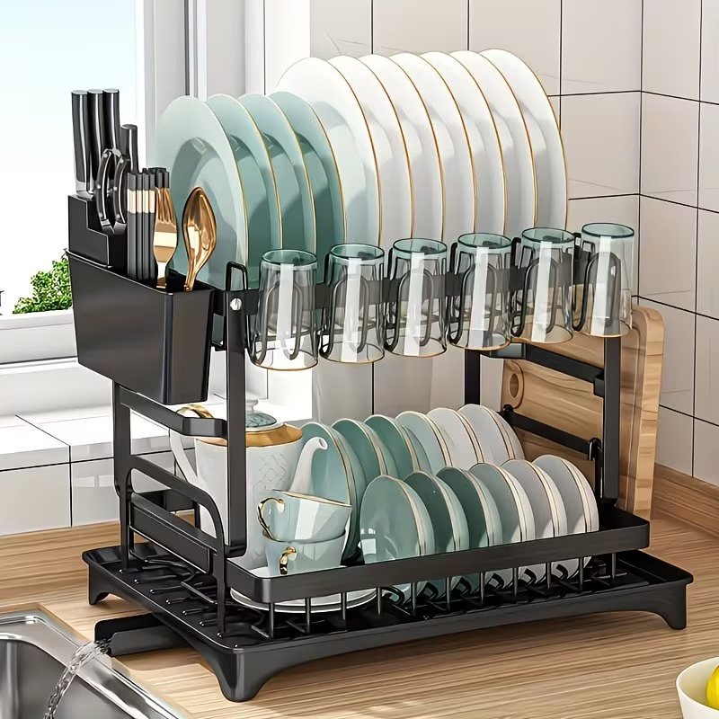 TEMU A Multifunctional Carbon Steel Dish Rack With 2 Tiers For Draining, Equipped With A Drainage Tray, Cutlery Holder, Adhesive Board Support, And