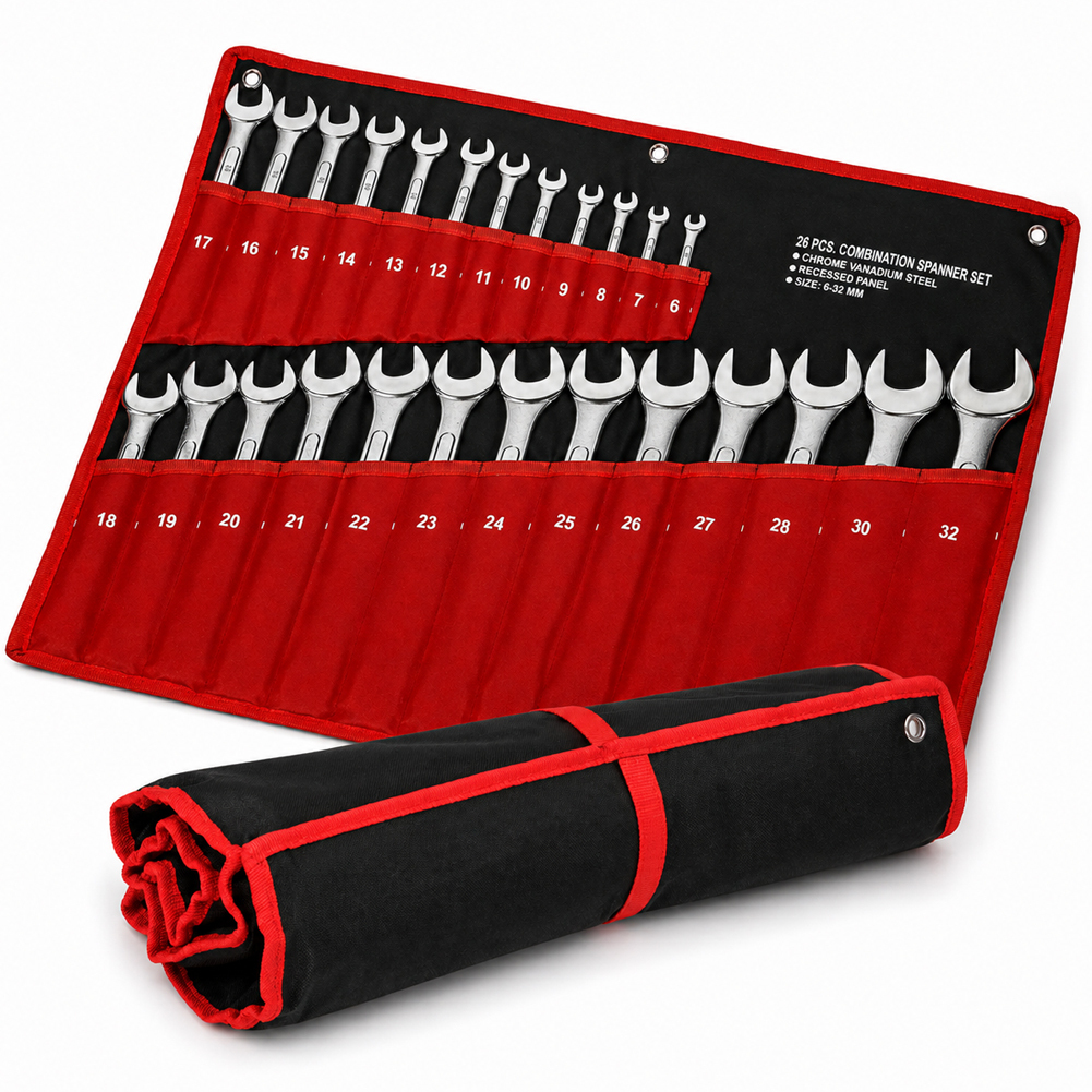 Image of Bakaji 25-piece Combination Wrench Set With Fixed And Star Bits, 6-32mm, Carbon Steel, Includes Fabric Case