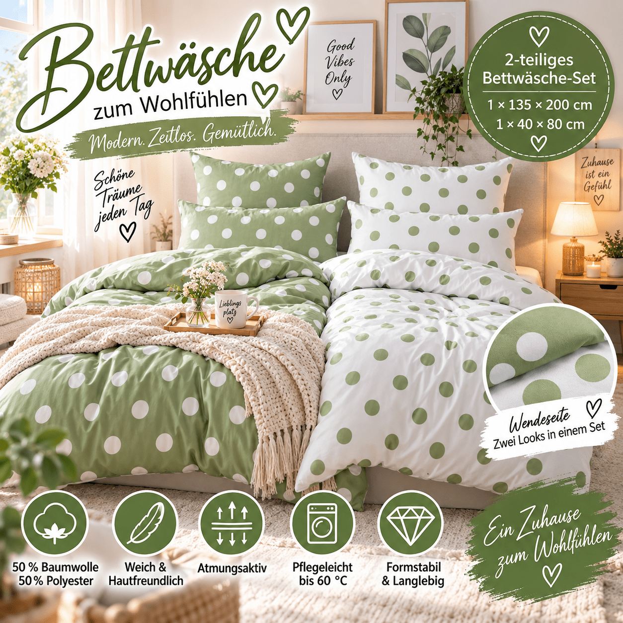 Image of Bed Linen 135x200 Cm Green White Dots - 2pcs Reversible Bed Linen With Pillowcase 40x80 Cm And Button Closure