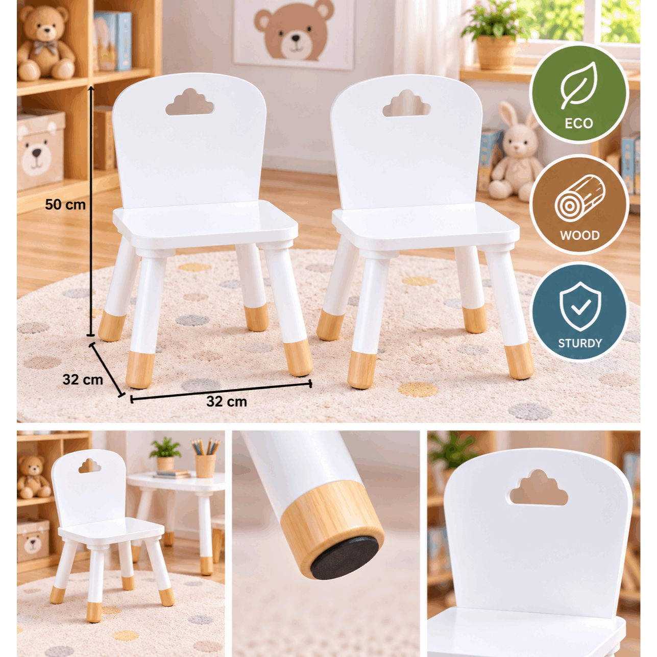 TEMU Lot de 2 chaises enfant en bois blanc – Assise basse avec – Mobilier pour chambre, salle de jeux et coin activités