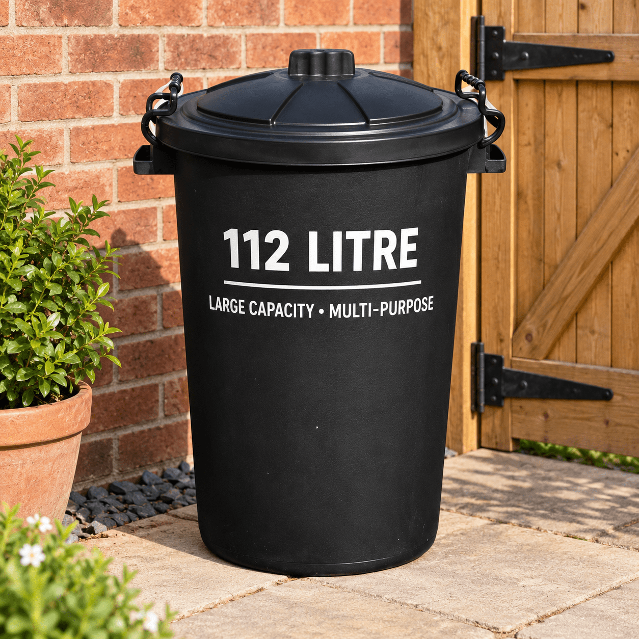 TEMU 112l Extra Large Plastic Dustbin With & Metal Locking Handles – Large Indoor Outdoor Rubbish Waste Bin For Home, Garden, Garage & Commercial Use