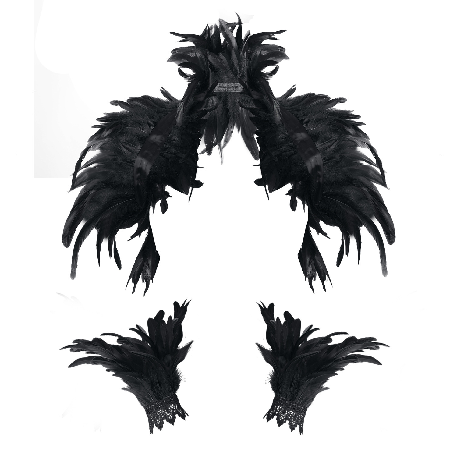TEMU Gothic Halloween Cosplay Props 3pcs/set Feather Shawl With Cuffs Costume, 1pc Black Stand Collar And 2pcs Wristbands, For Women Men Carnival