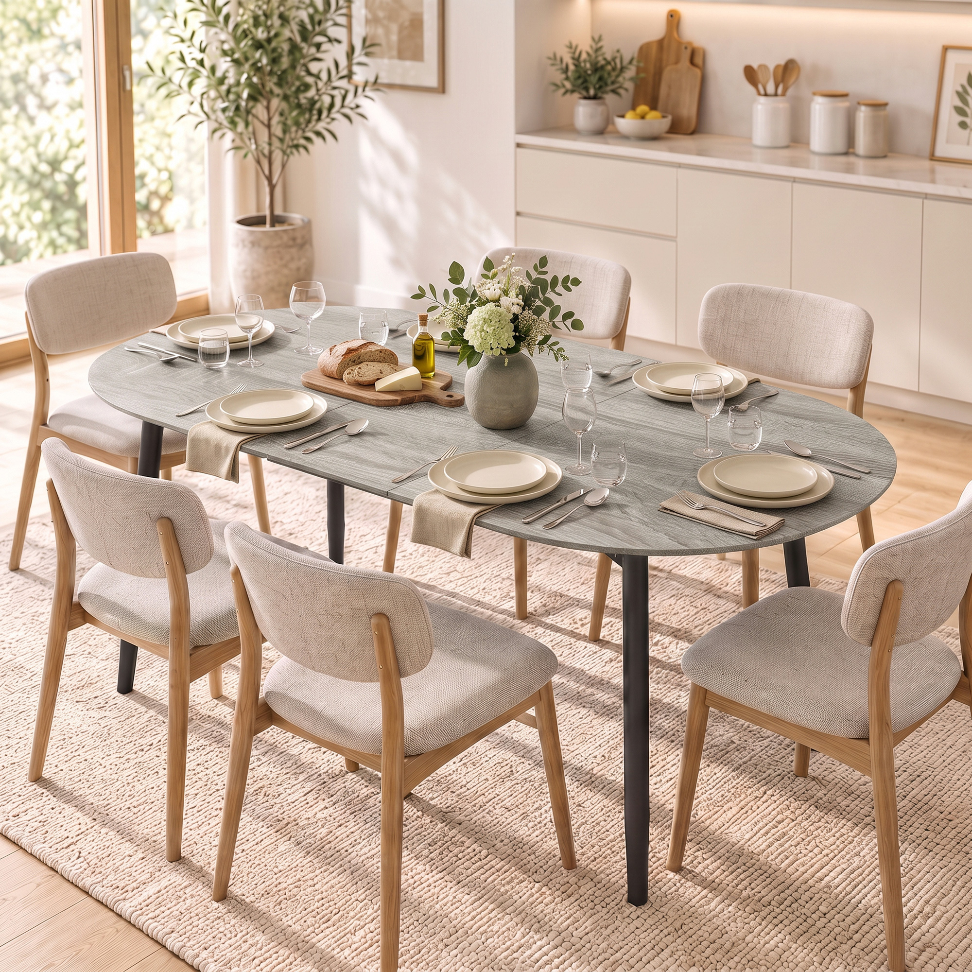 Image of Extendable Oval Dining Table 120-160 Cm, Expandable Kitchen Table For 4-6 People, Dining Room Table With Metal Frame, Modern Extendable Table For Dining Room Room, Grey