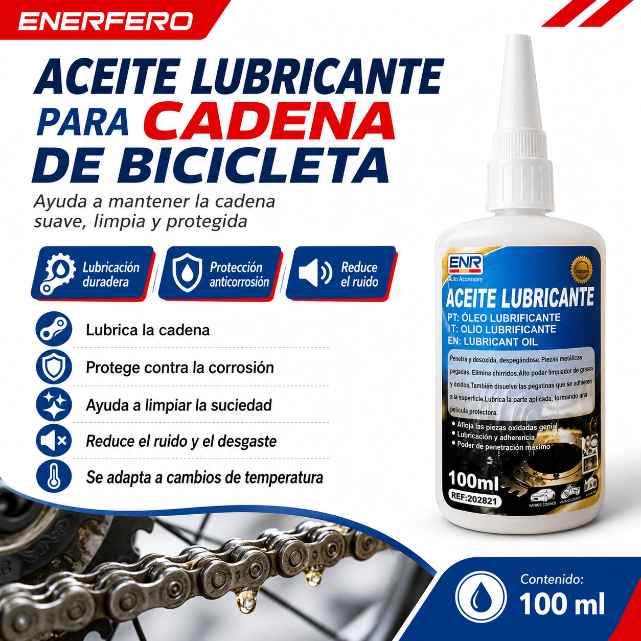 TEMU Aceite Lubricante Para Cadena De Bicicleta 100 ml, Lubricante Anticorrosión Con Boquilla , A Reducir Ruido, , Óxido Y , Para MTB, Bicicleta De