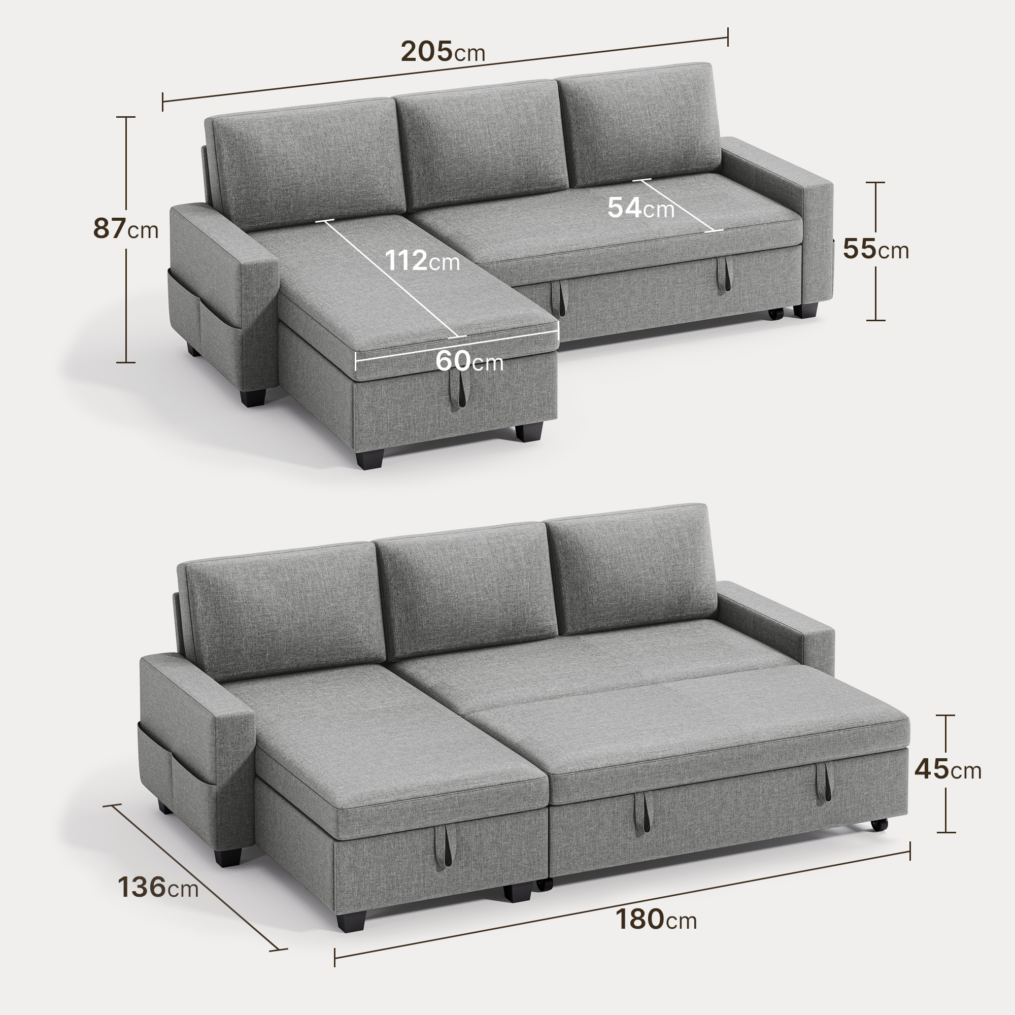 Image of Corner Sofa With Sleeping Function & Bedding Storage, Ottoman Mountable, Lying Surface 112x180 Cm, Light Grey, 49ar Coree