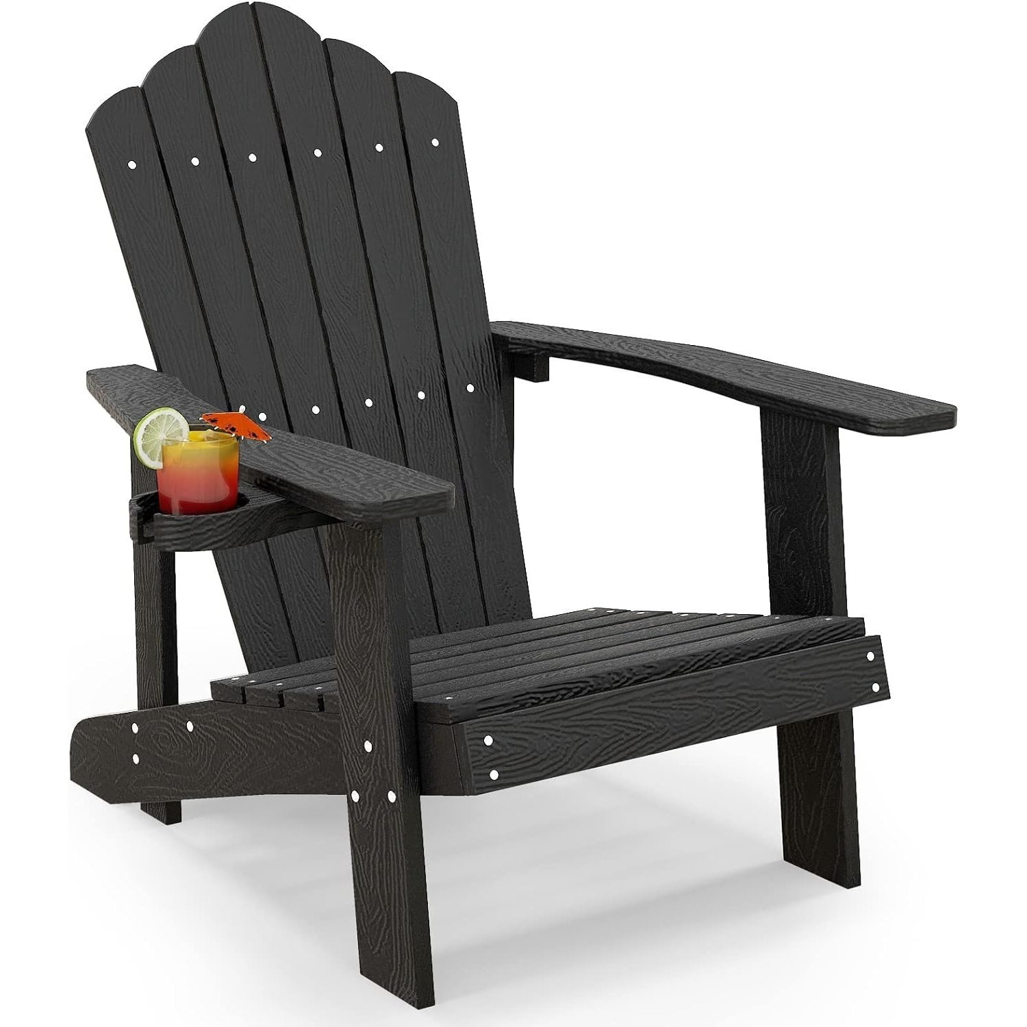 Image of Garden Chair With Drink Holder, Garden Chair With Comfortable Backrest And Wide Armrests, Garden Chair For Garden, Patio, Fire Pit, Balcony (black)