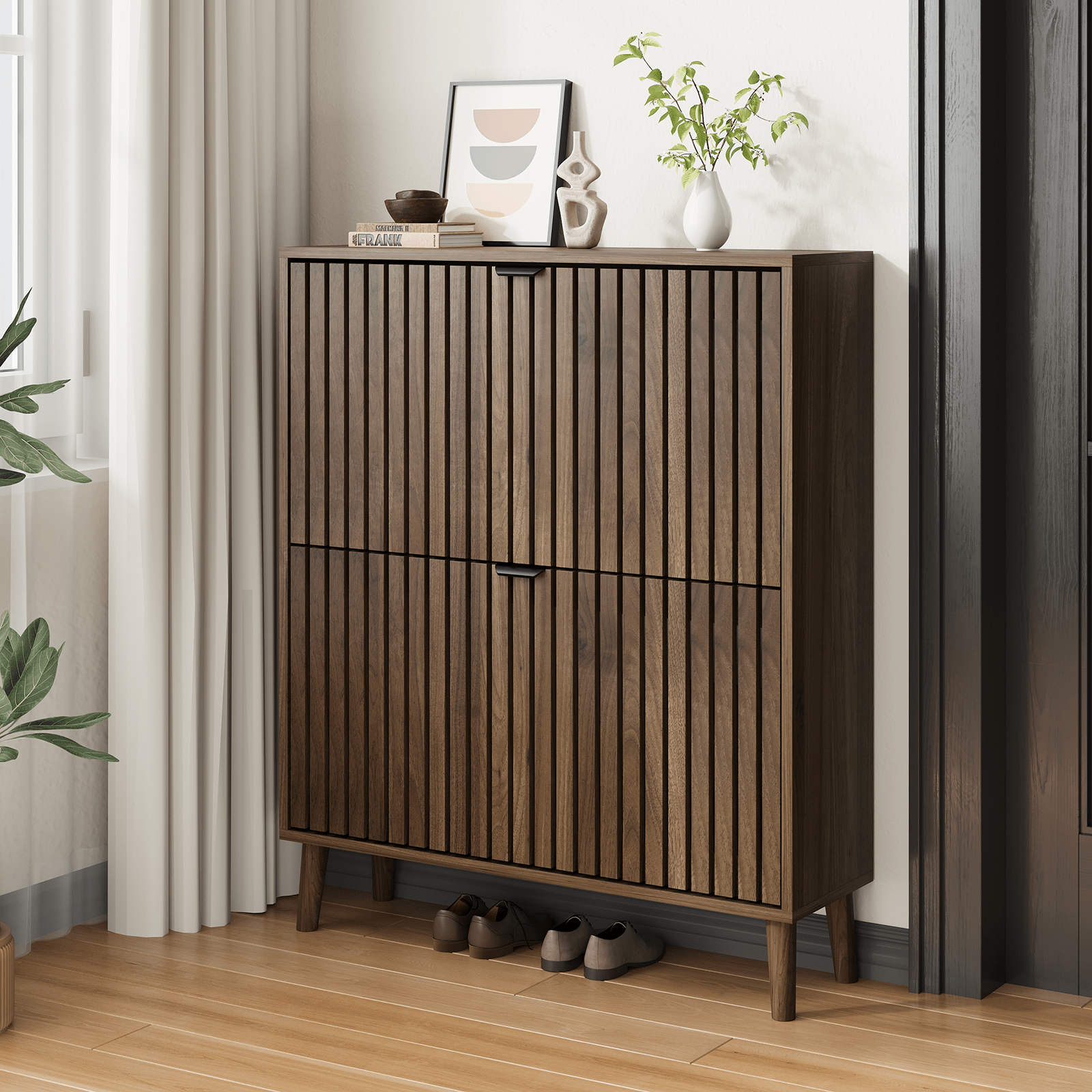 Image of Shoe Cabinet For The Entrance Area With 2 Drawers With Slats, Narrow Shoe Organizer For .