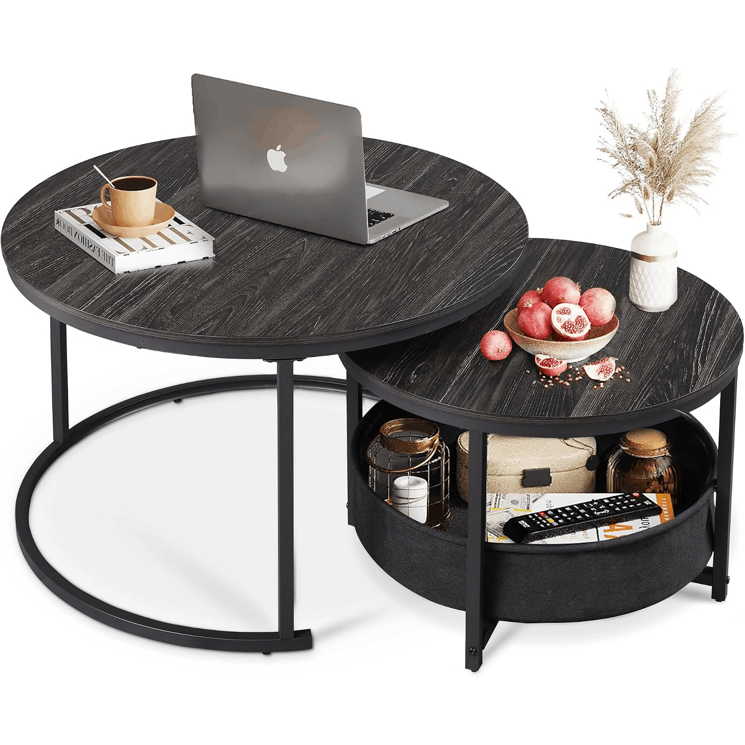 TEMU Side Table Set 2pcs, Round Coffee Tables With Storage Baskets, 80 Cm & 60 Cm, Living Room Tables With Wooden Optic Table Top And Metal Frame,