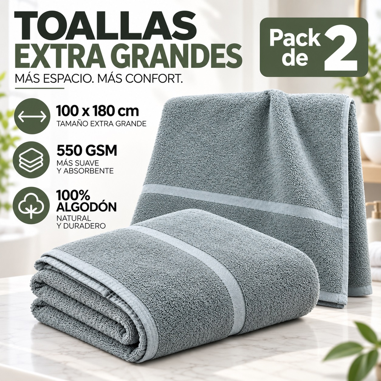 TEMU Pack 1/ 2 Toallas de Baño XXL 100x180 cm, 100% Algodón 550 g/m², Toallas de Ducha Extra Grandes, Suaves y Absorbentes para Baño, Gimnasio y Uso