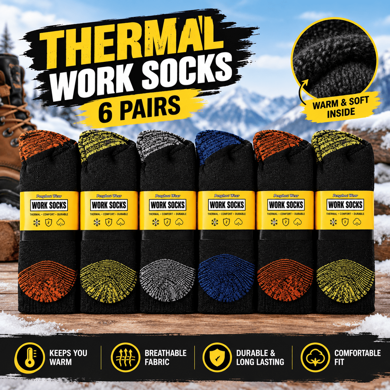 TEMU Pack Of 6 Men's Work Socks - Reinforced Cushioned Heel & Toe - Socks | Uk Size 6–11 | Crew Socks - Heavy Duty - Daily Wear Essentials