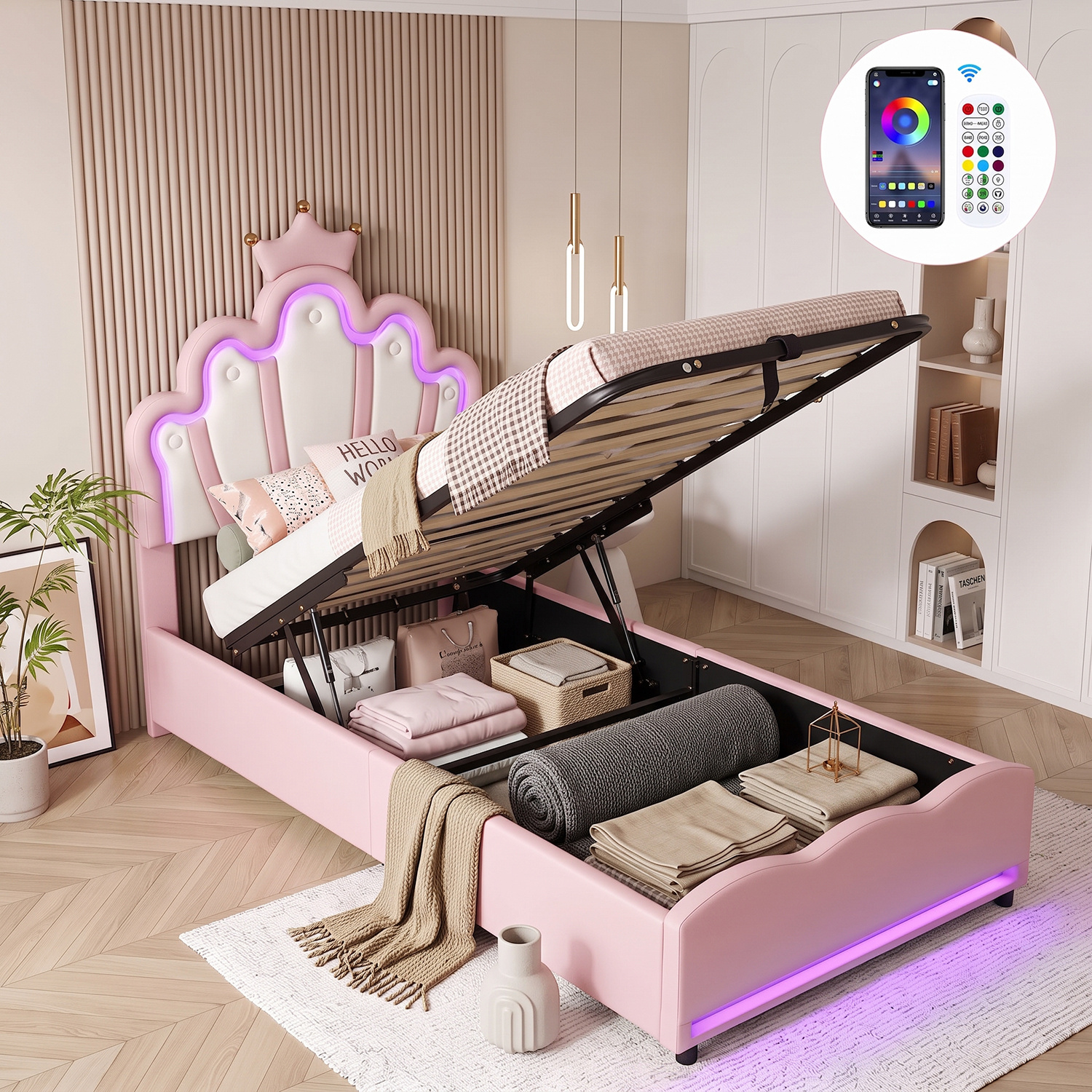Image of Upholstered Bed Single Bed 90x200cm, Double Bed 140x200 Bed Frame With Led Lighting, Headboard In , Box Spring Bed With Height-adjustable Headboard And Wooden Slatted Base, (no Mattress)