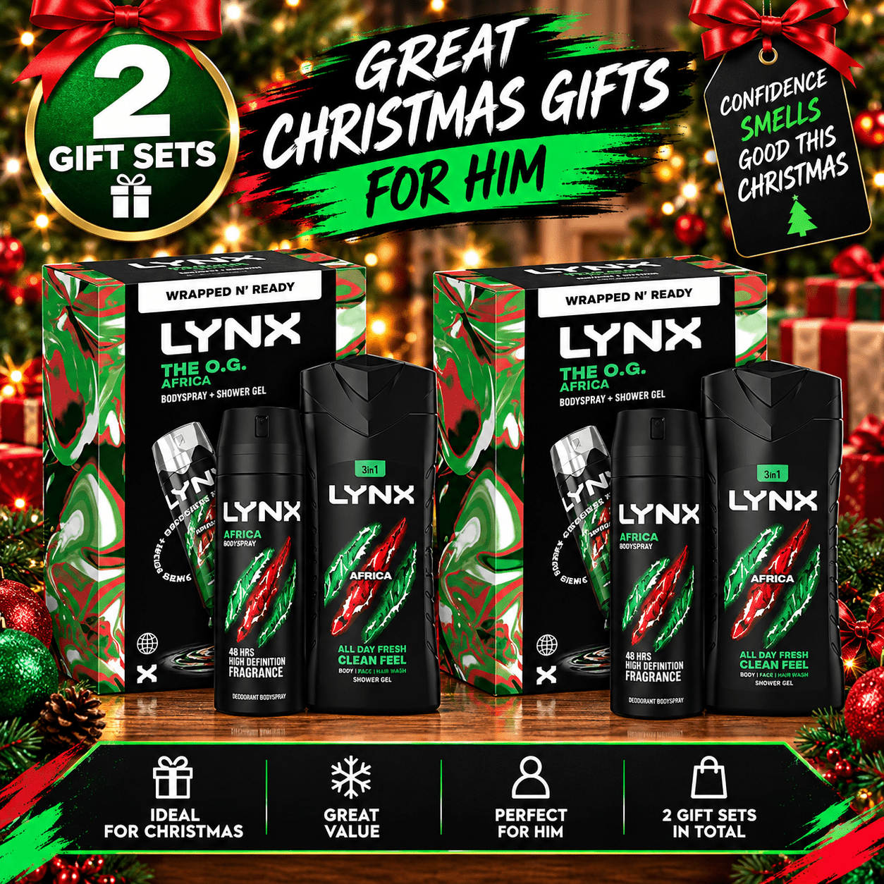 TEMU Lynx Africa Men's Christmas Gift Set 2 Pack – Body Spray & Shower Gel – Festive Gifts For Him