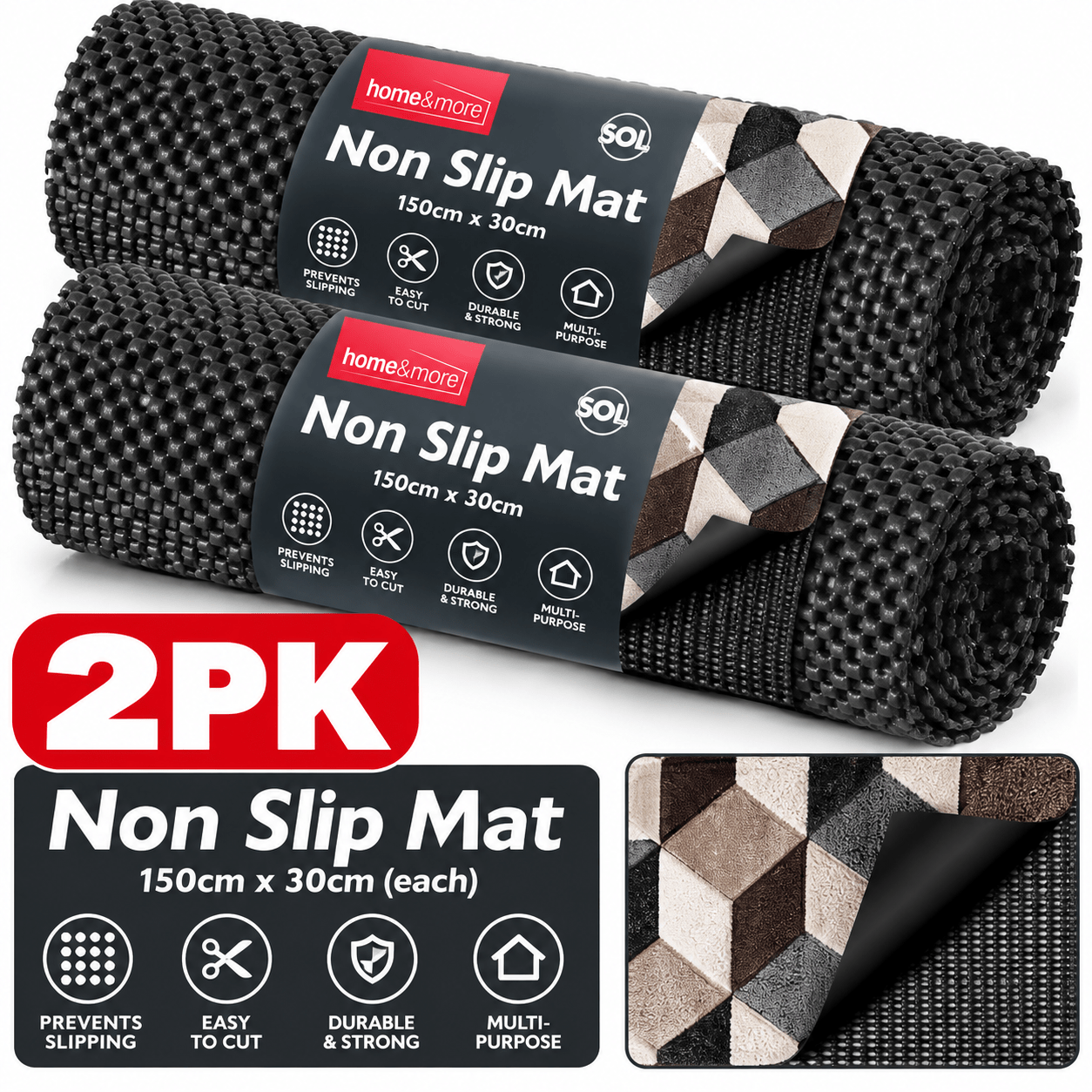 TEMU 2 Pack Non Slip Mat 150 X 30cm | Rug Gripper , Black Non Slip Rug Mat | Cut To Size Rug For Carpets, Rugs, Drawers, Shelves & Tables | Washable