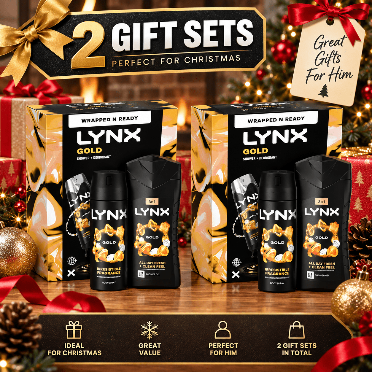 TEMU Lynx 's Christmas Gift Set 2 Pack – Shower Gel & Body Spray – Festive Gifts For Him