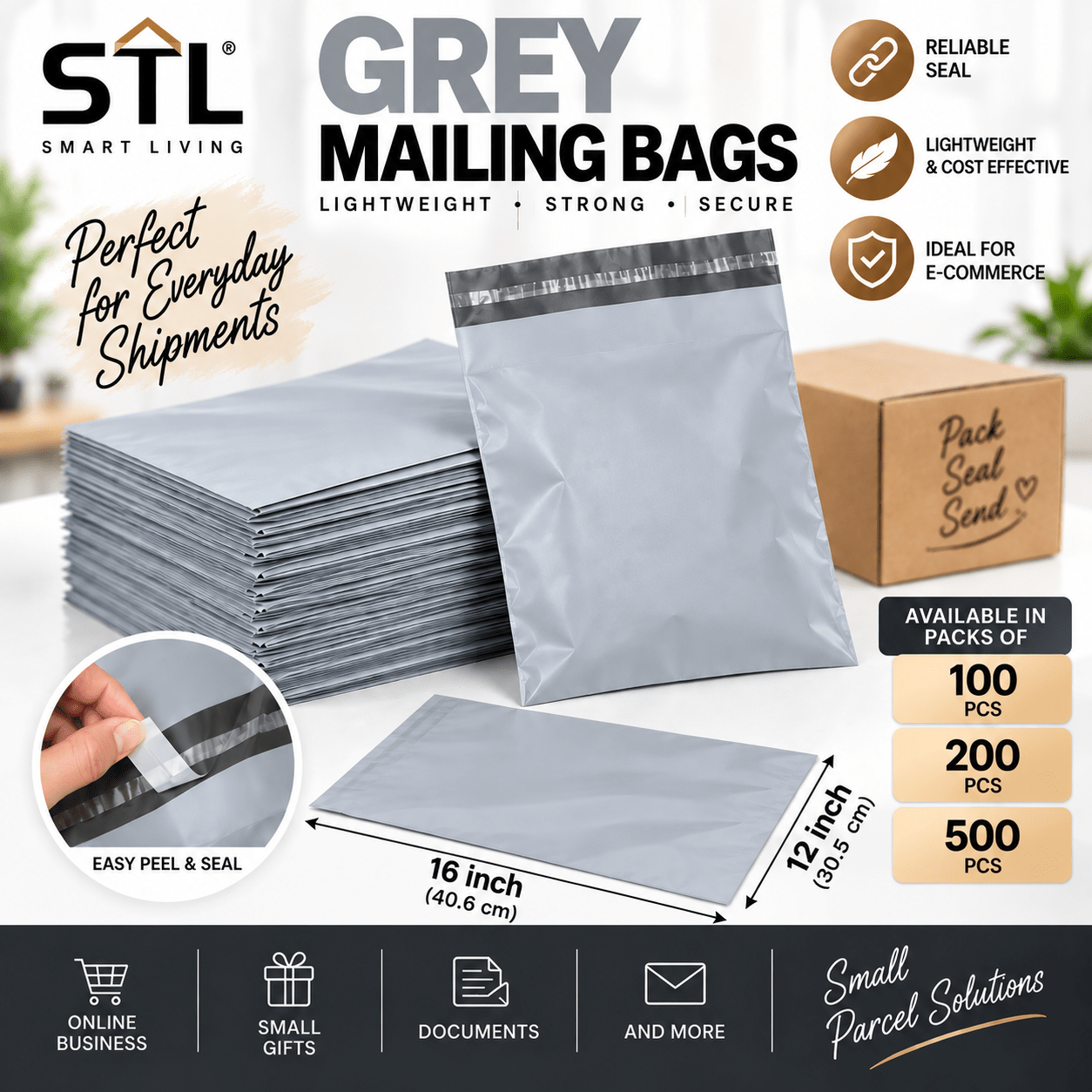 TEMU Stl 12in X 16in Light Grey Mailing Bags – Self Seal Postal Packaging Bags, Small Plastic Parcel Pouches For Online Sellers, Jewellery &