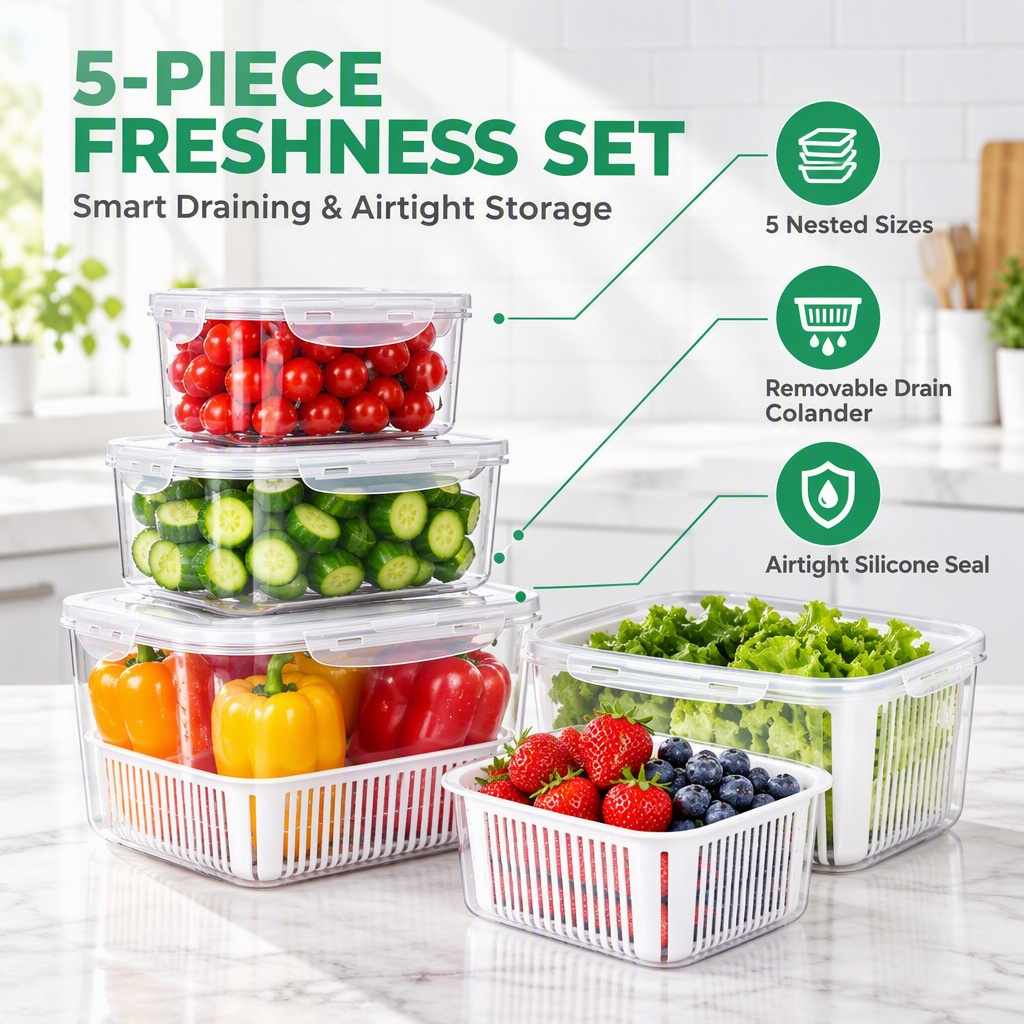Image of 5pcs Draining Basket Set, Stackable Refrigerator Storage Containers With Handle, Leak Proof Sealed Lid, Microwave Dishwasher Safe For Fruits, Veggies & Leftovers