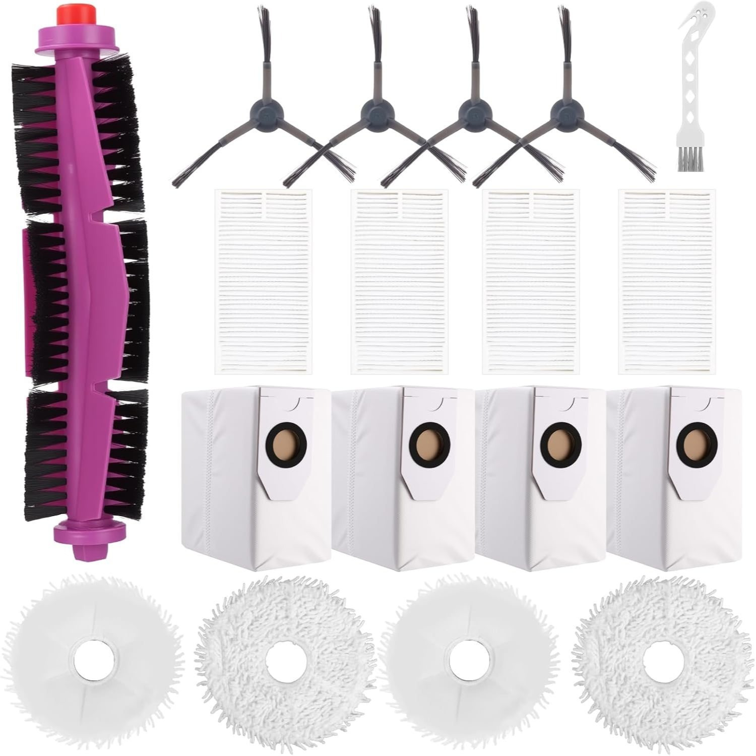 Image of 18pcs Replacement Accessory Kit For Eureka J12 Ultra Robotic Vacuum Cleaner With Mopping Function, Compatible With V12 Series: 1 Main Brush, 4 Hepa Filters, 4 Side Brushes, 4 Wet Mop Pads, 4 Dust Bags
