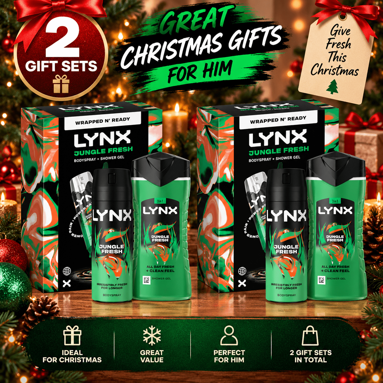 TEMU Lynx Men’s Christmas Gift Set 2 Pack – Body Spray & Shower Gel – Gifts For Him