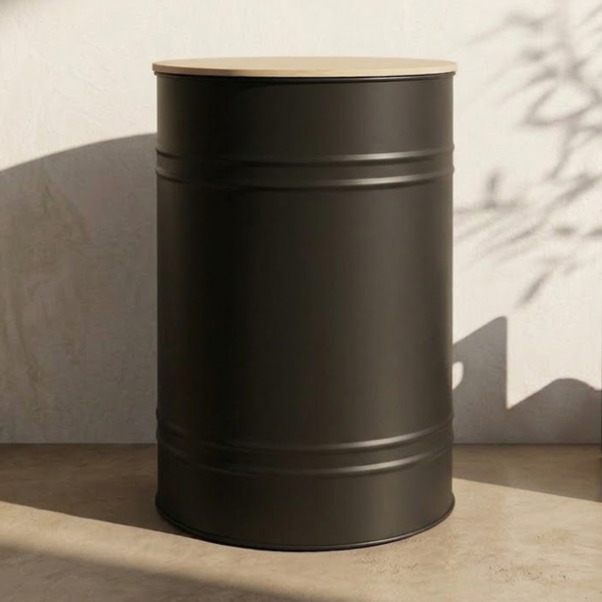 TEMU Bac de stockage rond pour avec couvercle en bambou, métal noir, jusqu'à 45 kg, conception compacte pour poêle à billes