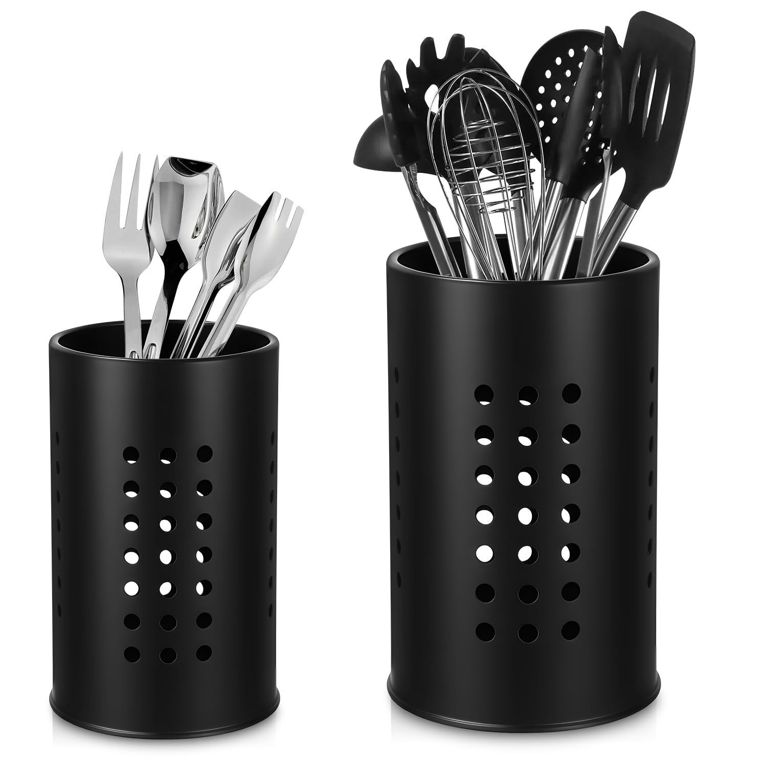 Image of 2 Pieces Kitchen Utensil Holder For Countertop, Black Stainless Steel Cutlery Holder, Kitchen Utensil Holder, Kitchen Utensil Storage