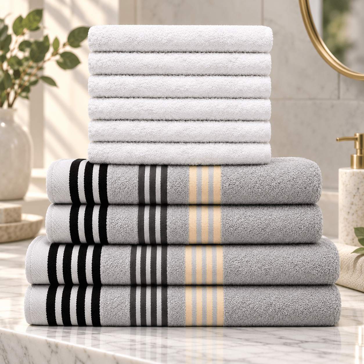 TEMU 10pcs Stria Towel Bale Set Pure | 2 Bath Towels | 2 Hand Towels | 6 Face Towels | Soft Absorbent & Quick Dry Bathroom Towels | Hotel Quality