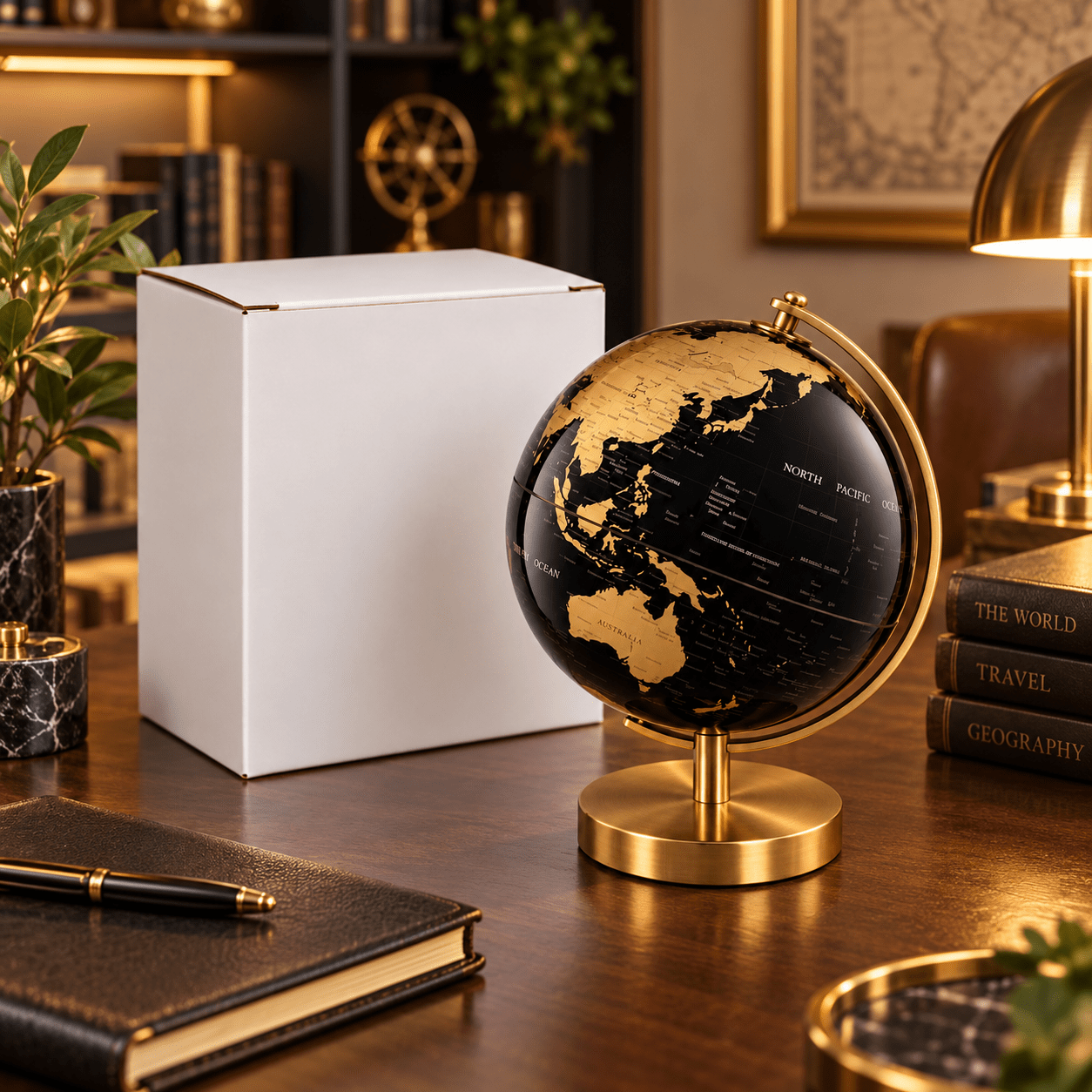 TEMU Decorative Black And Gold Desk , 360° Rotating Terrestrial With Golden Non-slip Base, English Map, For Home Office Studio - 5015m