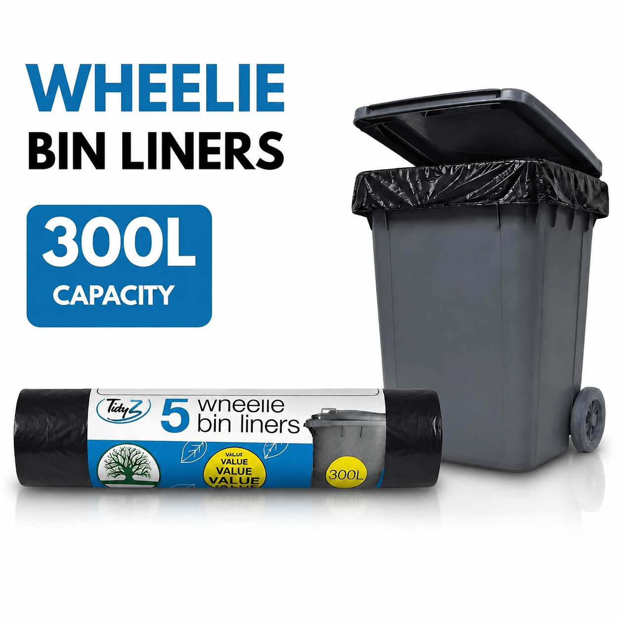 TEMU Tidyz Extra Large Wheelie Bin Bags– 300 Litre Heavy Duty Black Bin Liners, Sacks, Fits All Standard Size Wheelie Bins For Home Catering 5 Pack)