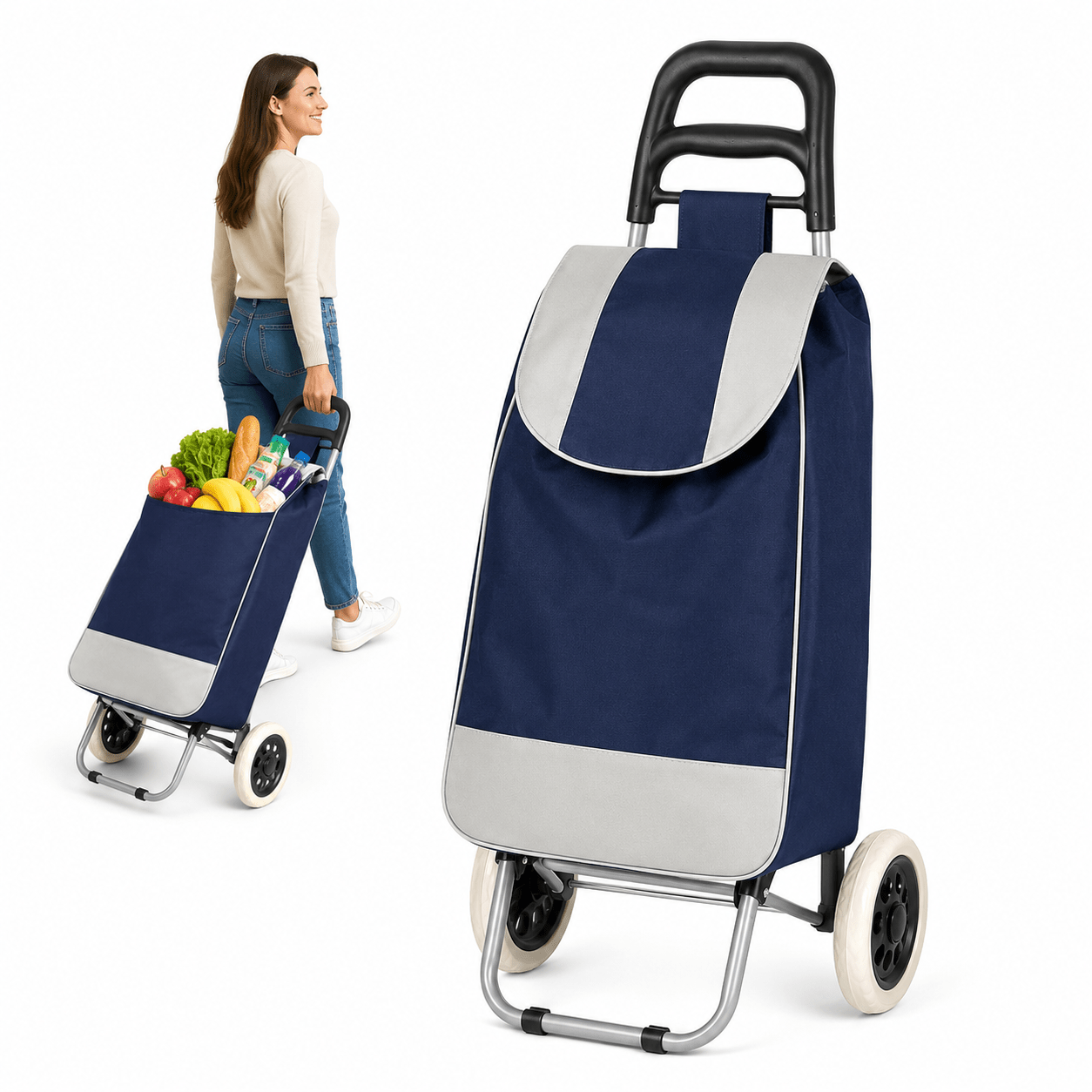 TEMU Shopping Cart 25l Foldable Wheeled Bag In Navy Blue With Metal Frame, Large Wheels, Zippered Pocket, Reinforced Bottom, Mobile Shopping Bag For