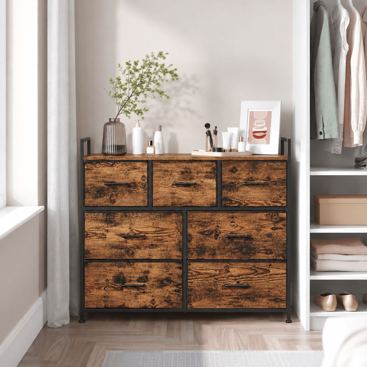 TEMU DEVAISE Commode, 7 tiroirs en tissu, cadre en métal, design industriel, blanc nuage, beige | Design moderne