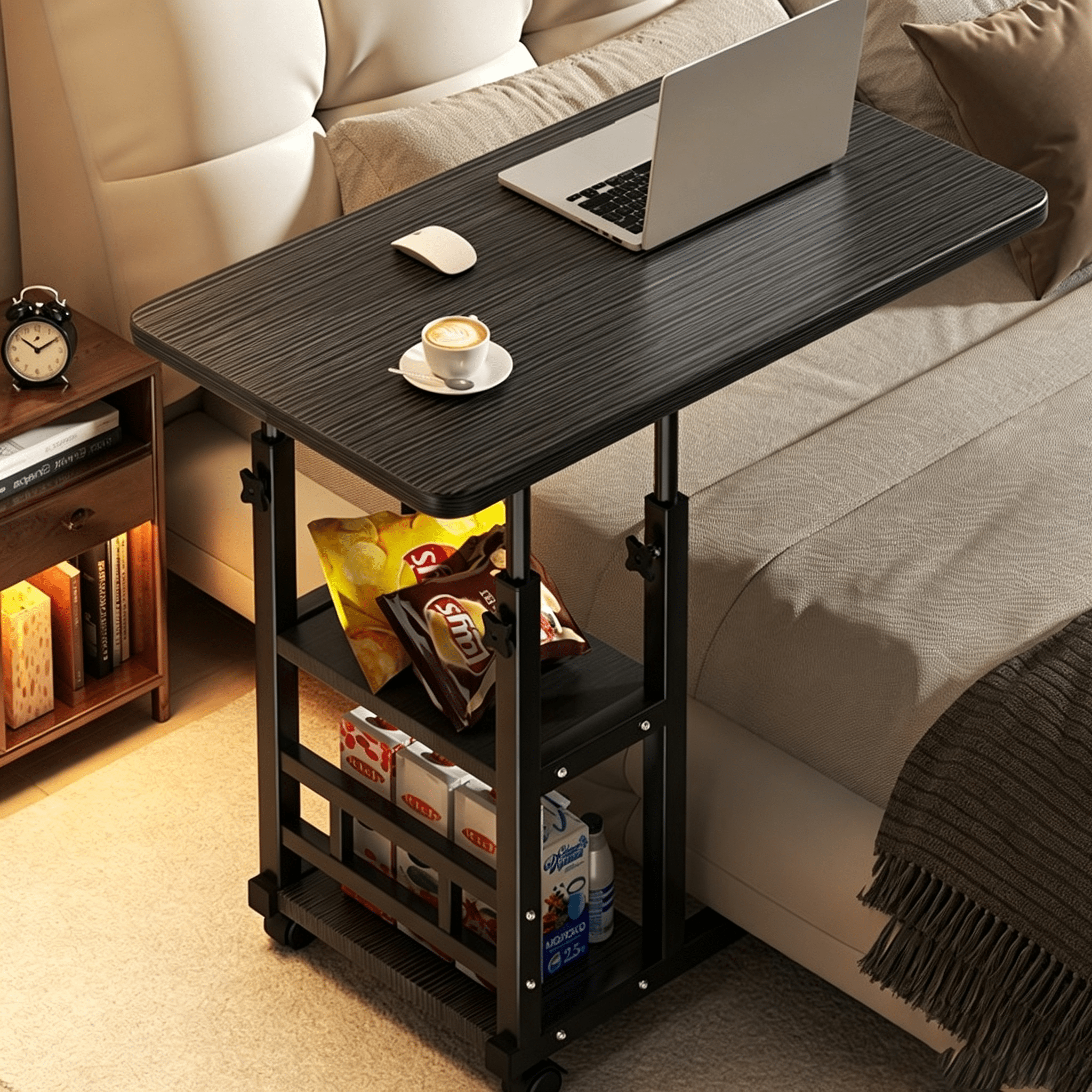 TEMU Mesa Auxiliar Lateral con Base en Forma‑C, Escritorio Móvil Multifunción con Estantes de Almacenamiento, Ajustable con Ruedas con Freno, para