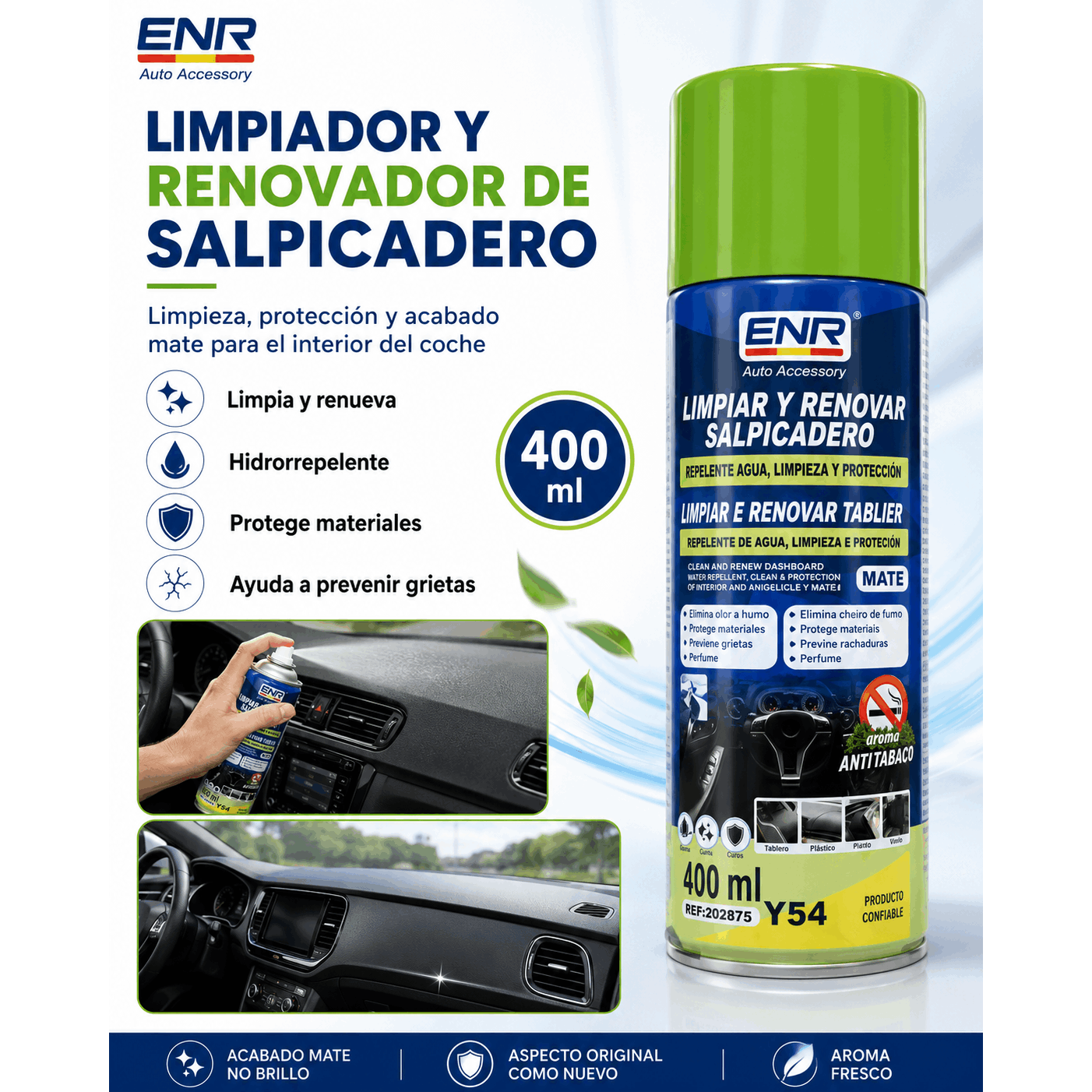 TEMU Limpiador y Renovador de Salpicadero 400 ml, Spray para Interior de Coche con Acabado Mate, Hidrorrepelente y Antitabaco, Protector para