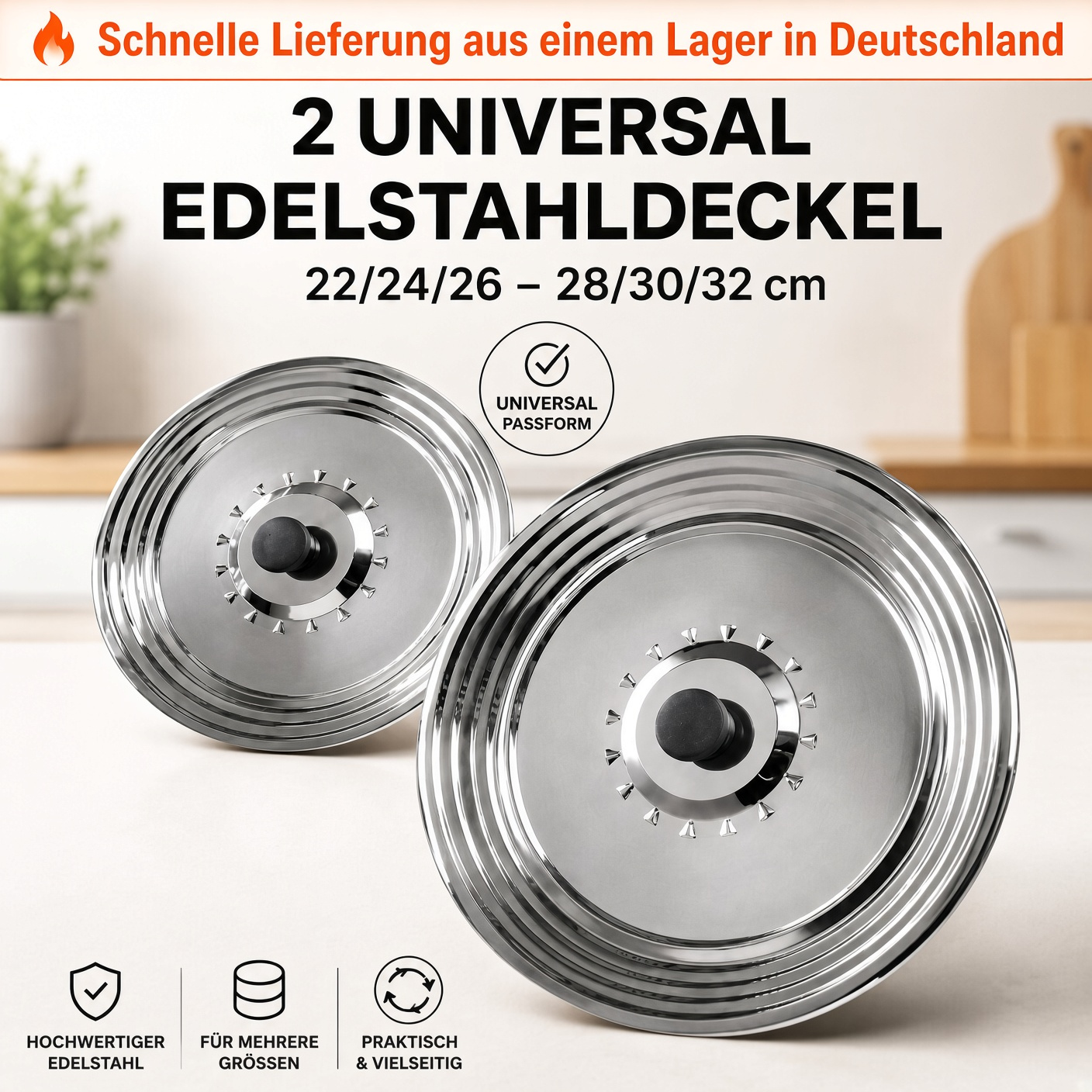 Image of Universal Step Lid Set, 2-piece Stainless Steel For 22, 24, 26–28, 30, 32 Cm