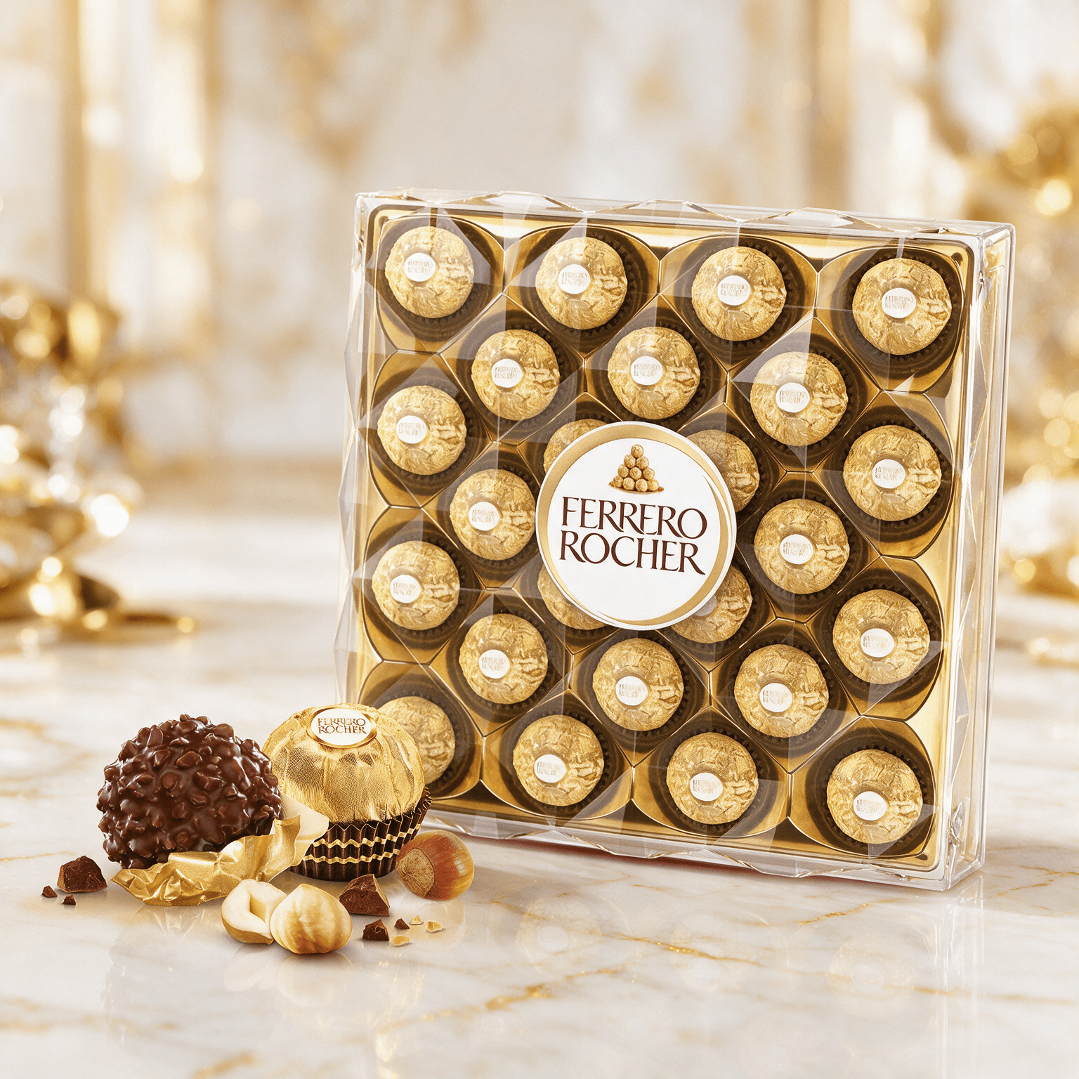 Image of 24-pack - Ferrero Rocher Gift Box 300g - 24 Individually Wrapped Chocolates With A Milk Chocolate Coating, Nougat Cream, Wafer, And Whole Hazelnut.