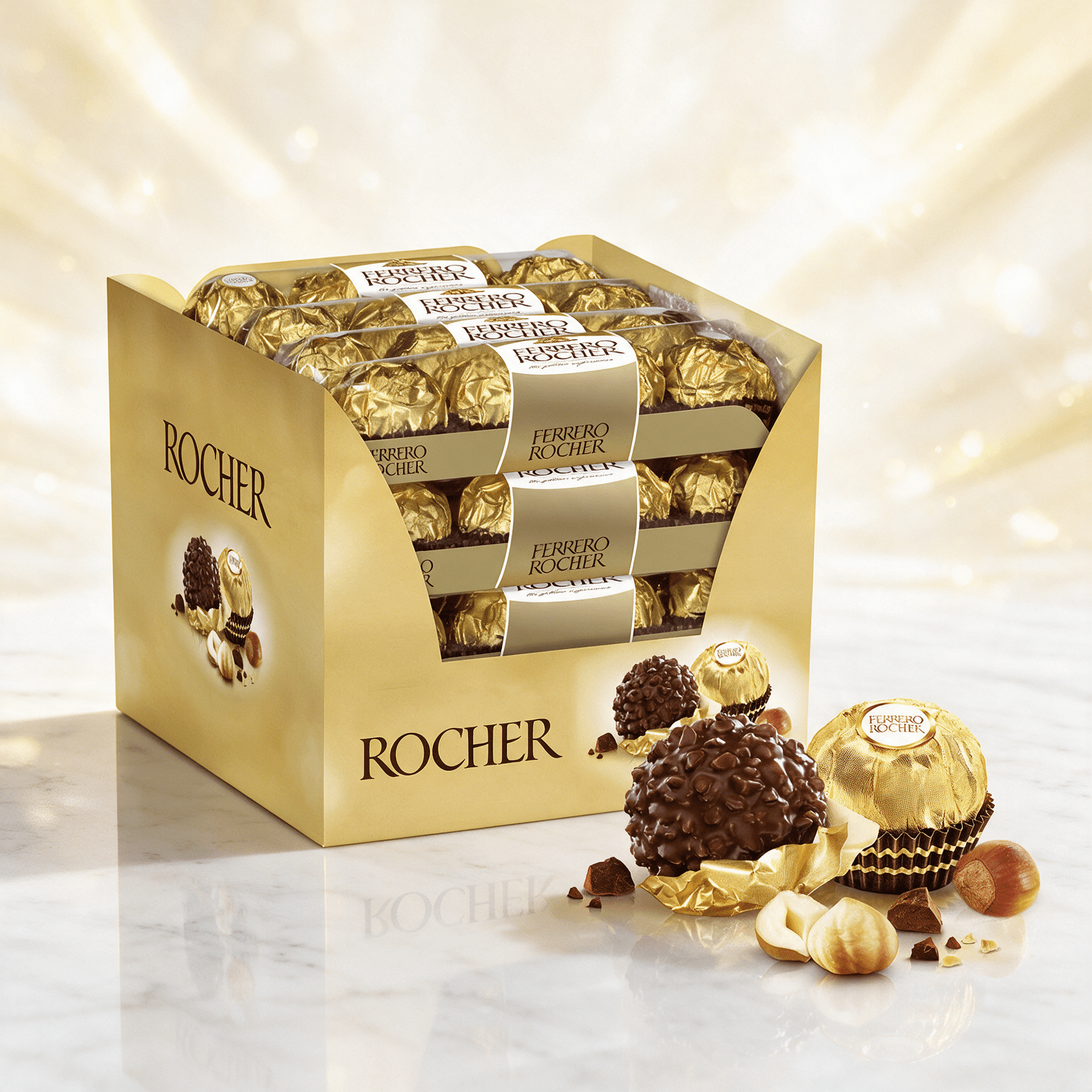 Image of 64pcs Pack Ferrero Rocher Counter Display 16x4 Chocolates - Counter Display With 64 Individually Wrapped Chocolates With A Milk Chocolate Coating, Nougat Cream, Wafer, And Whole Hazelnut 800g