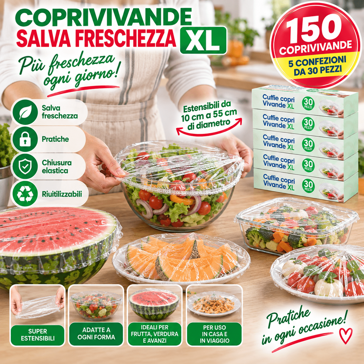 TEMU 150 Coprivivande Salva XL �� 5 Confezioni da 30 Pezzi, Cuffie Elastiche Riutilizzabili Estensibili 10��55 cm per , Ciotole, Frutta, e Alimenti