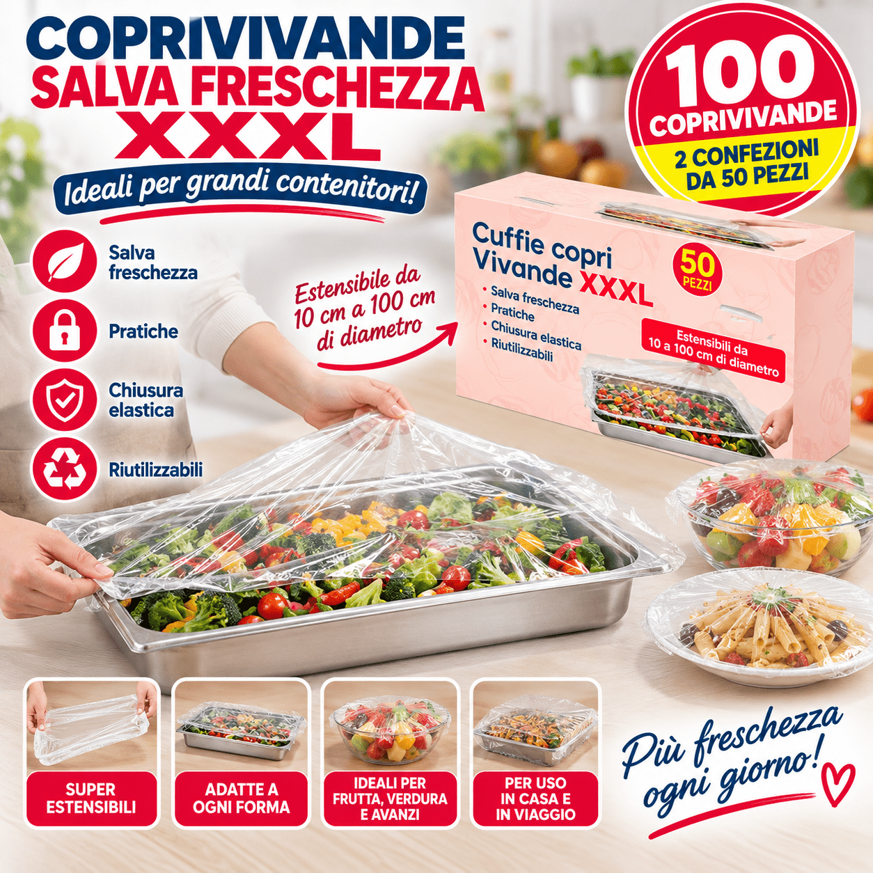 TEMU 100 Coprivivande Salva XXXL �� 2 Confezioni da 50 Pezzi, Cuffie Elastiche Riutilizzabili Estensibili 10��100 cm per Teglie, Vassoi, , Frutta e