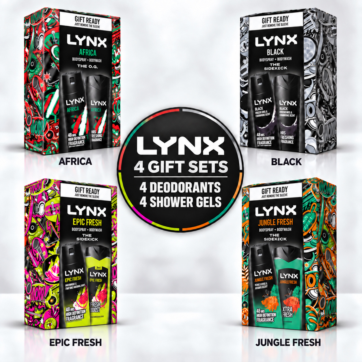 TEMU Lynx Men's Gift Set Bundle – 4 Fragrances: Africa, Black, Fresh & – 4 X 150ml Deodorant Body Sprays And 4 X 225ml Shower Gels