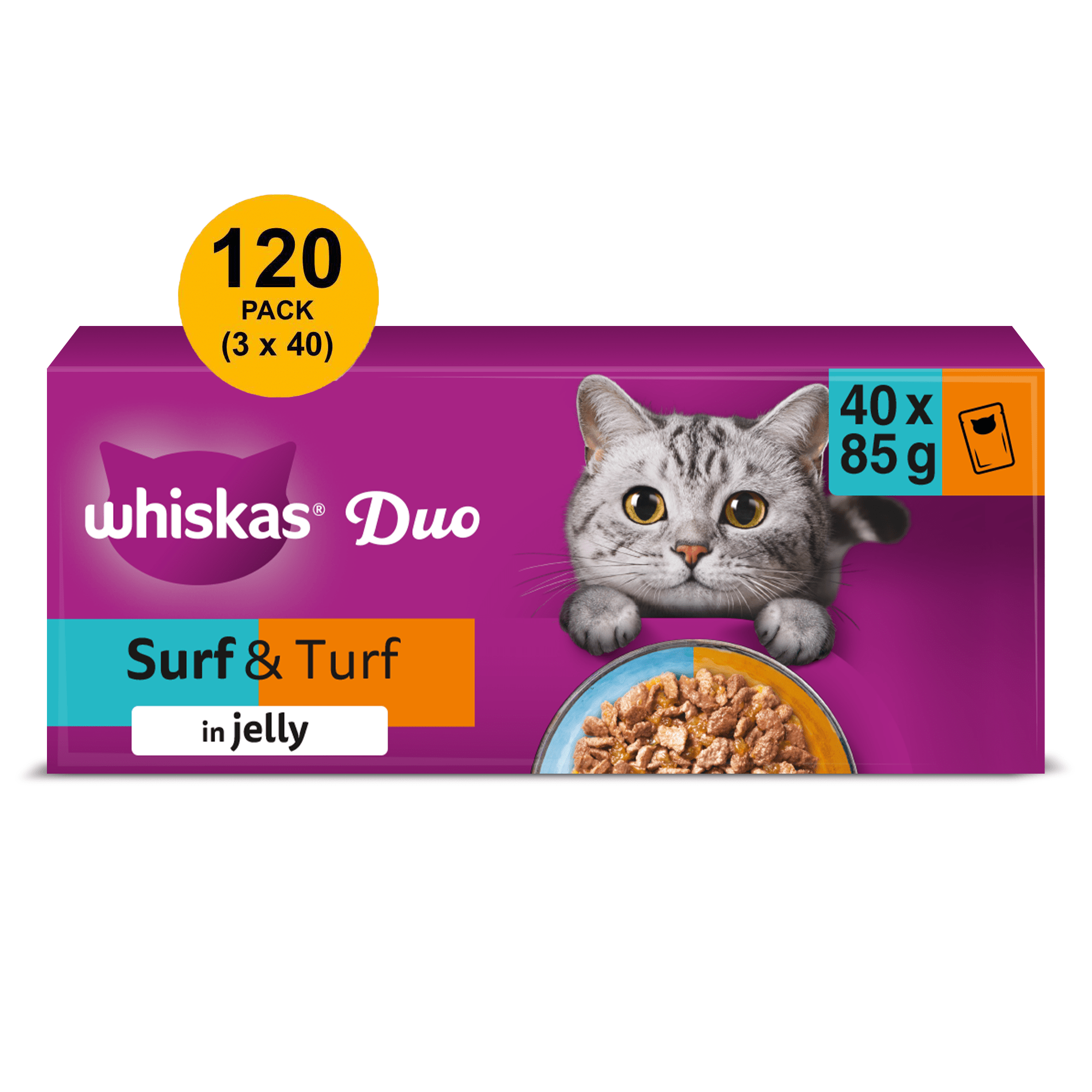 TEMU 120 X 85g Whiskas 1+ Duo Surf & Turf Mixed Adult Wet Cat Food Pouches In Jelly