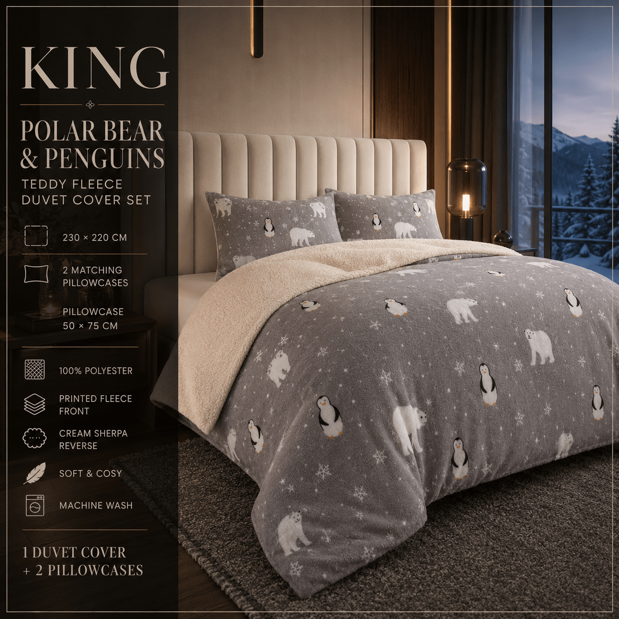TEMU Teddy Fleece Duvet Cover Set, Printed Super Soft Polar Bear & Penguins Warm Winter Bedding Set With Sherpa Reverse And Pillowcases