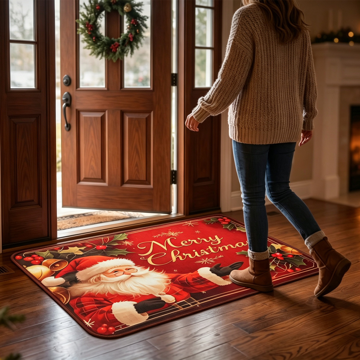 TEMU 1pc Winter Christmas Entryway Doormat, Burgundy Polyester Non‑slip Washable Mat With Santa Claus, Holly Berry & Reindeer Pattern, Indoor Outdoor