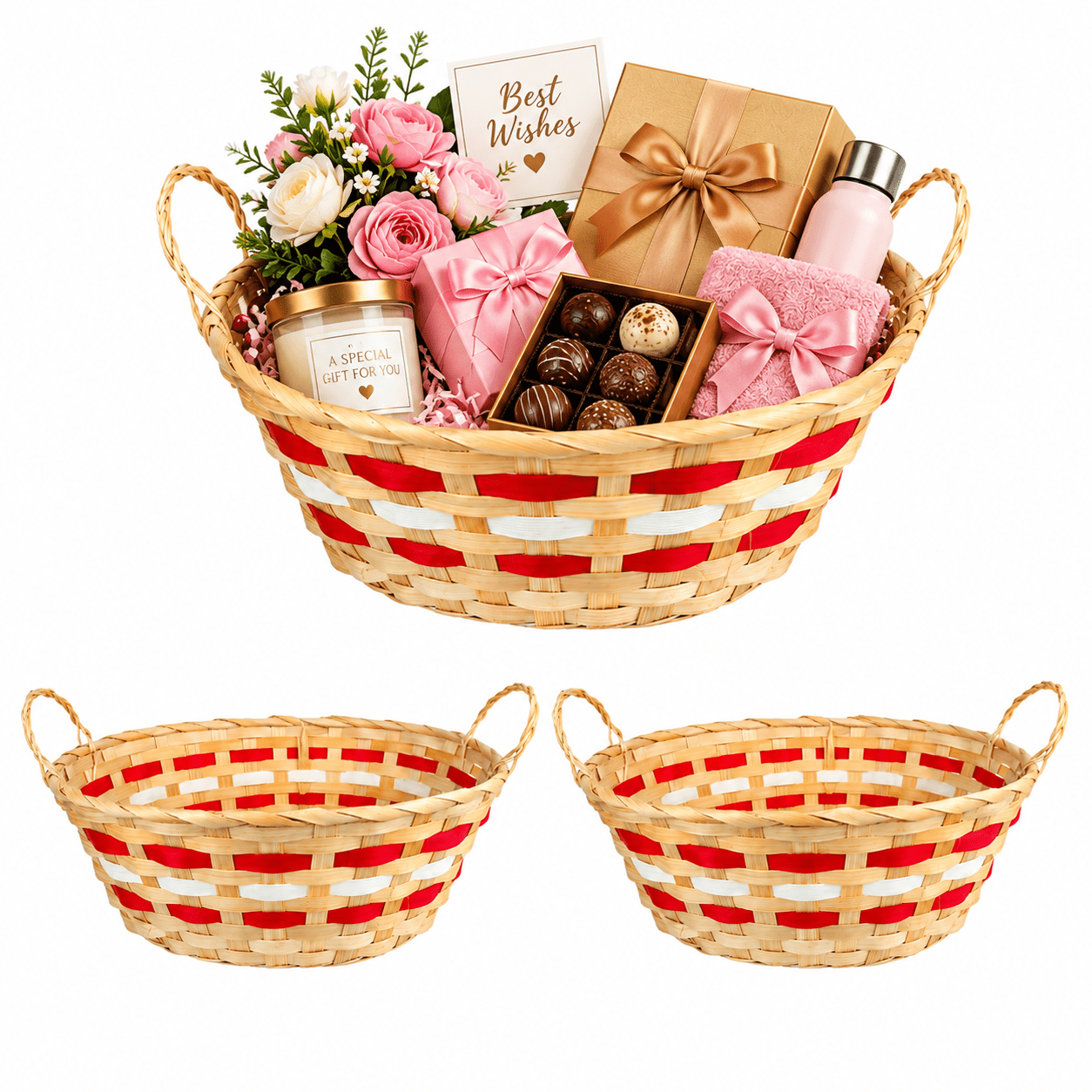 TEMU Duchessway Set Of 2 Oval Christmas Wicker Gift Baskets With Handles, 33cm Woven Bamboo Hamper Baskets, Red White Natural Design, Empty Gift