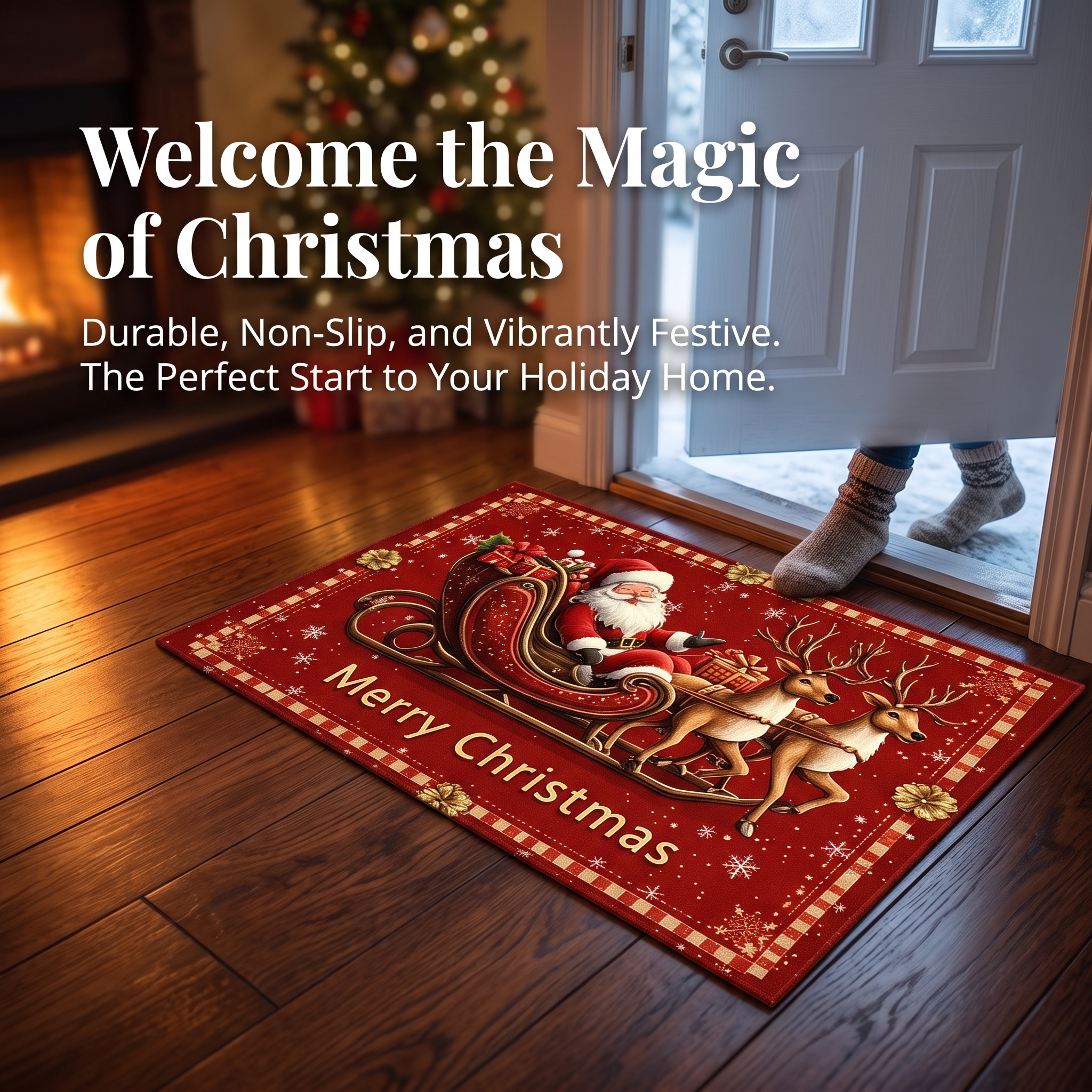 TEMU 1pc Winter Christmas Entryway Doormat, Burgundy Polyester Non‑slip Washable Mat With Santa Claus, Holly Berry & Reindeer Pattern, Indoor Outdoor