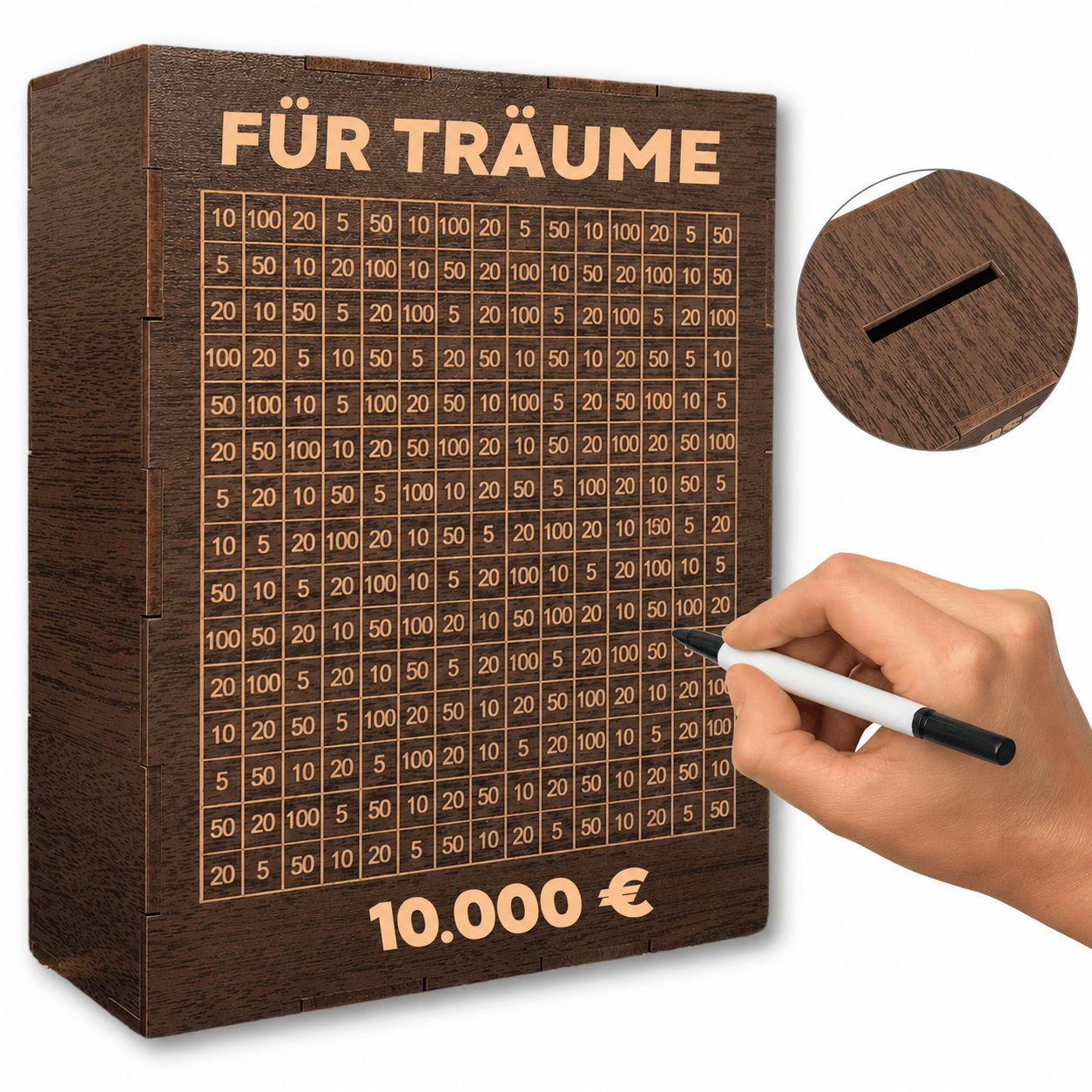 Image of Wooden Walnut Piggy Bank With "for " Text, Savings Goals From – Pre-assembled, Euro You Closer To , Progress Day | Motivational Savings Box With A Sense Of And Protection Against Early Withdrawal
