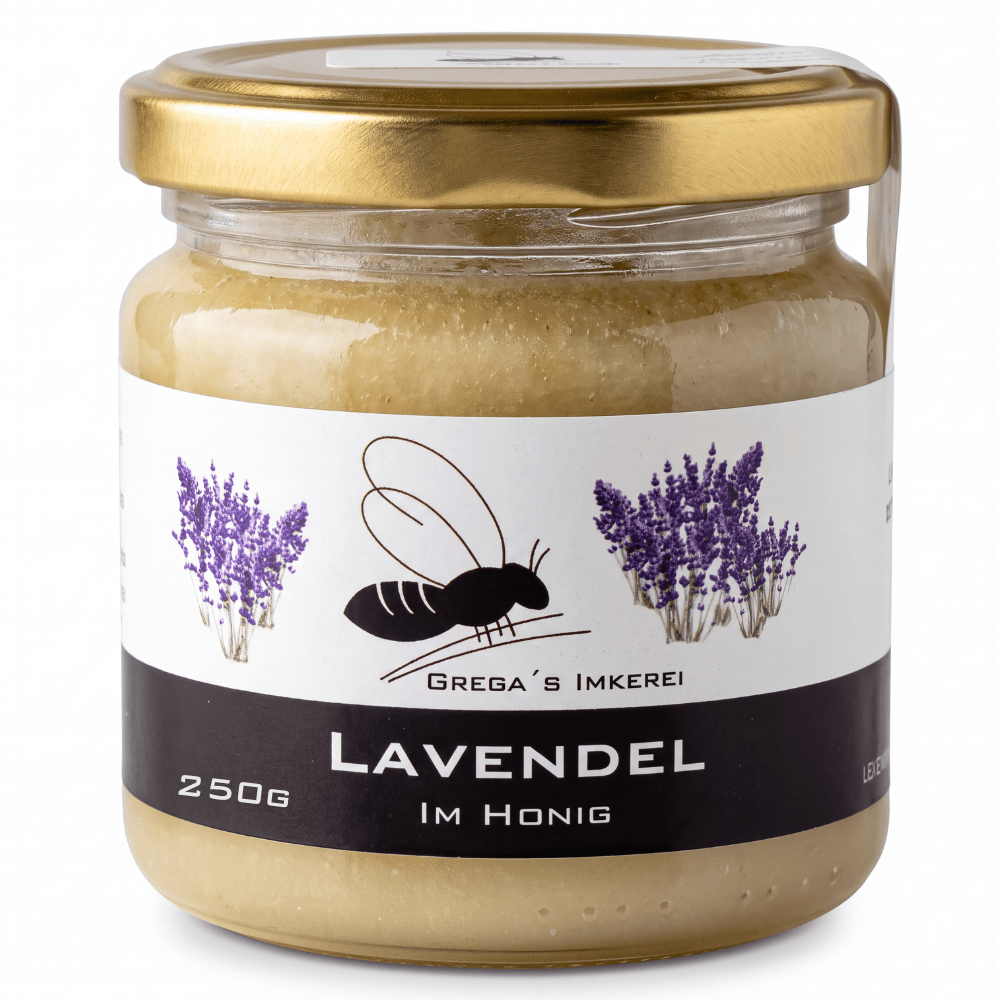 Image of Gregas Beekeeping Lavender In Honey 250g – Floral Honey Specialty With Ground Lavender Flowers – Handmade In Family Beekeeping From Nrw – Creamy For Croissants, Tea & Desserts