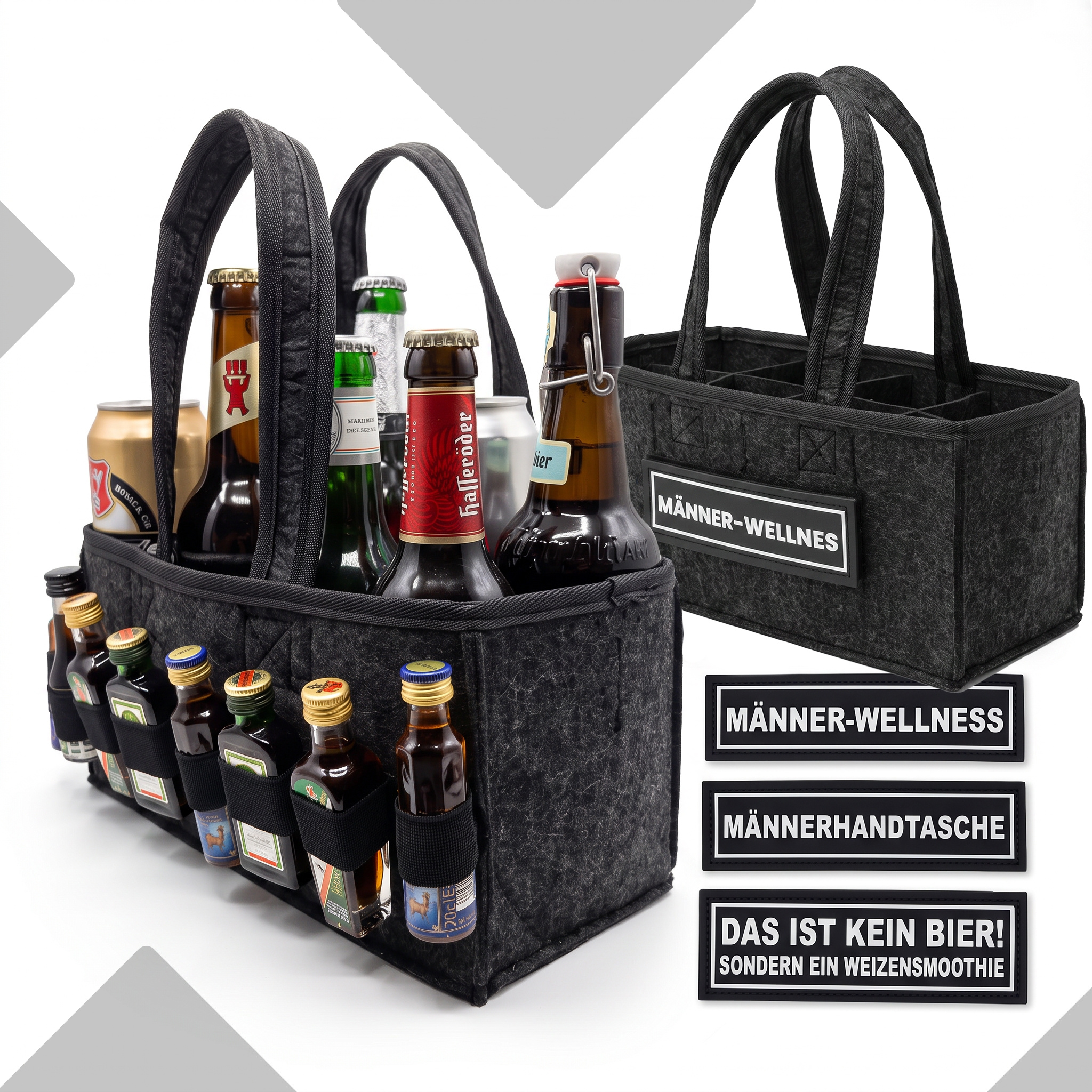 Image of Men's Handbag – Felt Bag For 8 Bottles & Cans With 3 Patches & Shot Holder – Perfect Gift For Father's Day, Birthday, Festival & Men's Night
