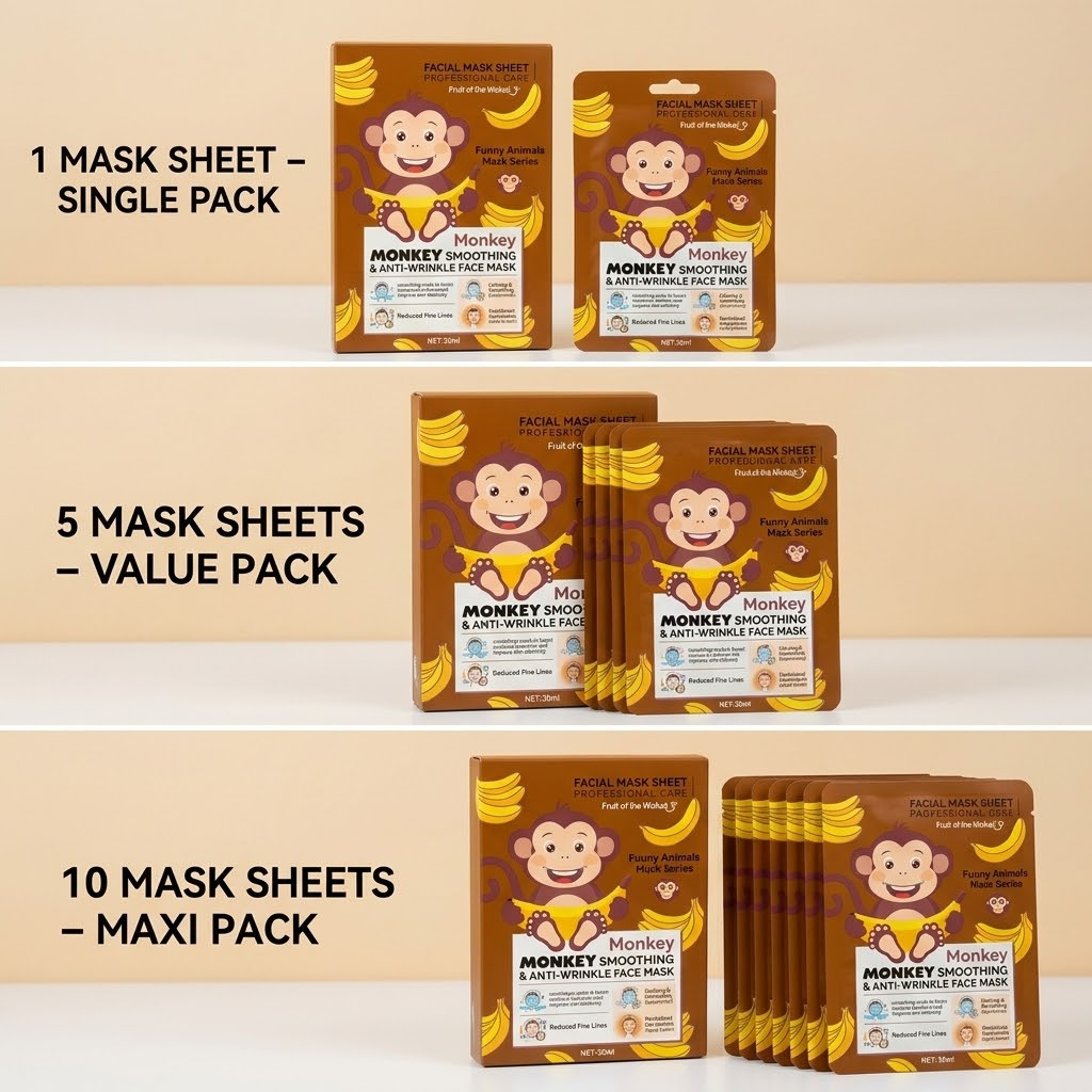Image of Fruit Of The Monkey Smoothing & Anti-wrinkle Face Mask Sheet, Funny Animal Design, Chamomile & Extract, Collagen For Skin Elasticity, Hyaluronic Acid For Deep Hydration, Value Pack