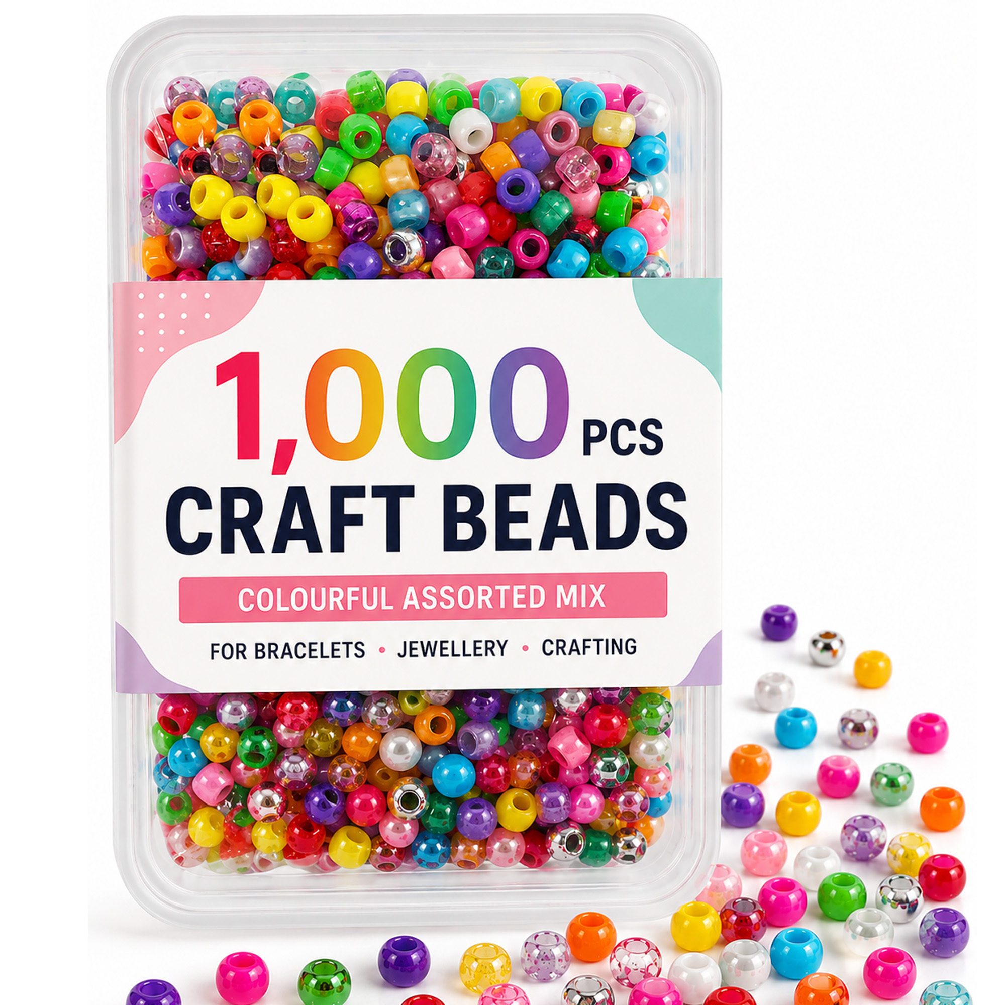 TEMU 1,000 Mixed Pony Beads For Jewellery Making | 9x6mm Acrylic Plastic Beads With 3.5mm Hole | Assorted Pearl, Glitter, Metallic & Solid Colours |