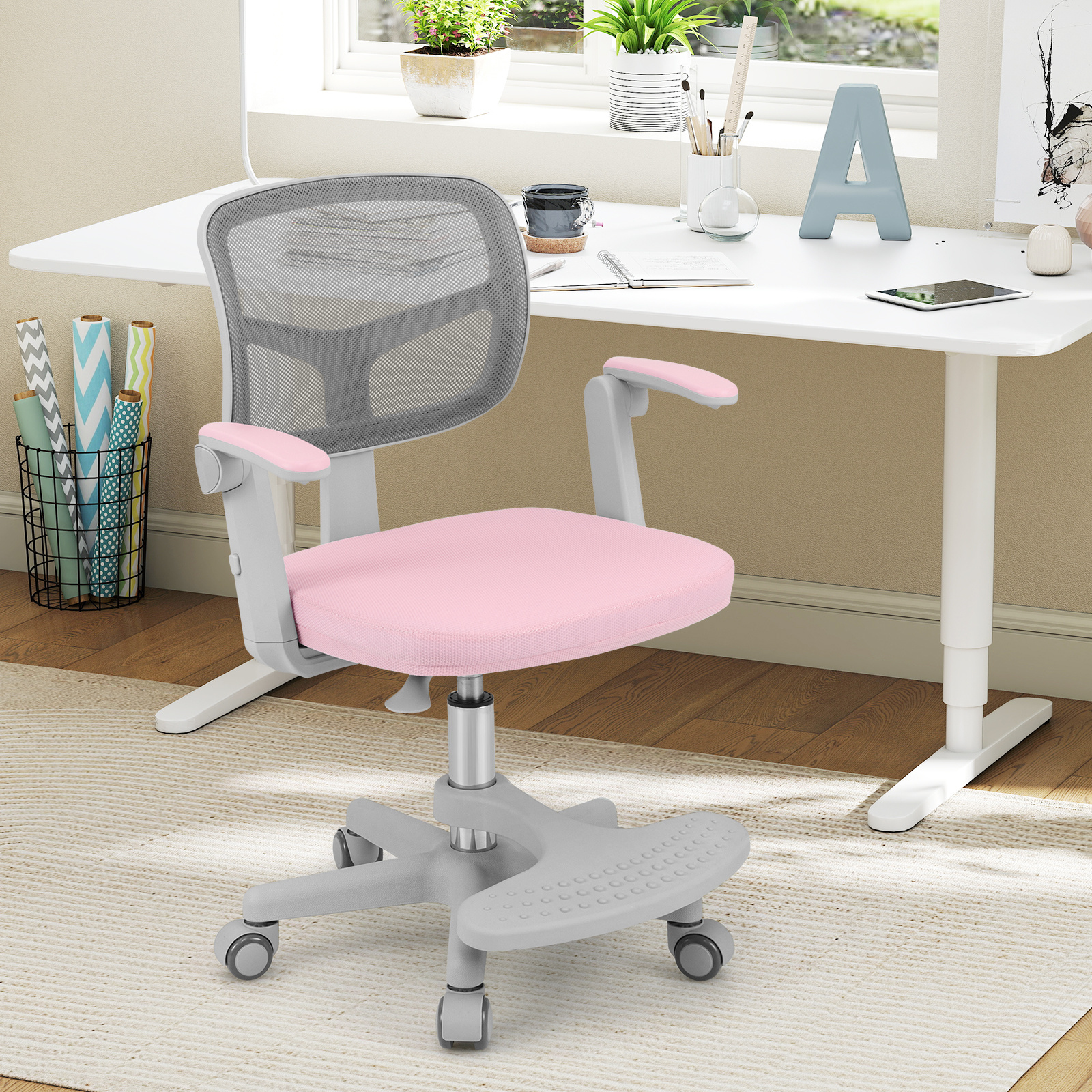 Image of Kids Desk Chair, Children Study Chair W/adjustable Height, Armrest & Footrest, Swivel Mesh Task Student Chair W/universal Casters, Child Computer Desk Chair For Boys Girls Age 3-15, Pink