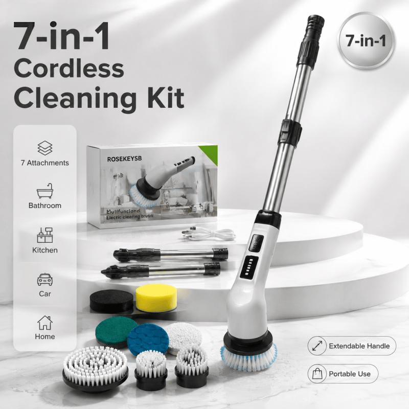 Image of 7-in-1 Cleaning Brush, Extendable Handle Scrub Brush, Detachable Brush Heads For Bathroom, Kitchen And Household Cleaning