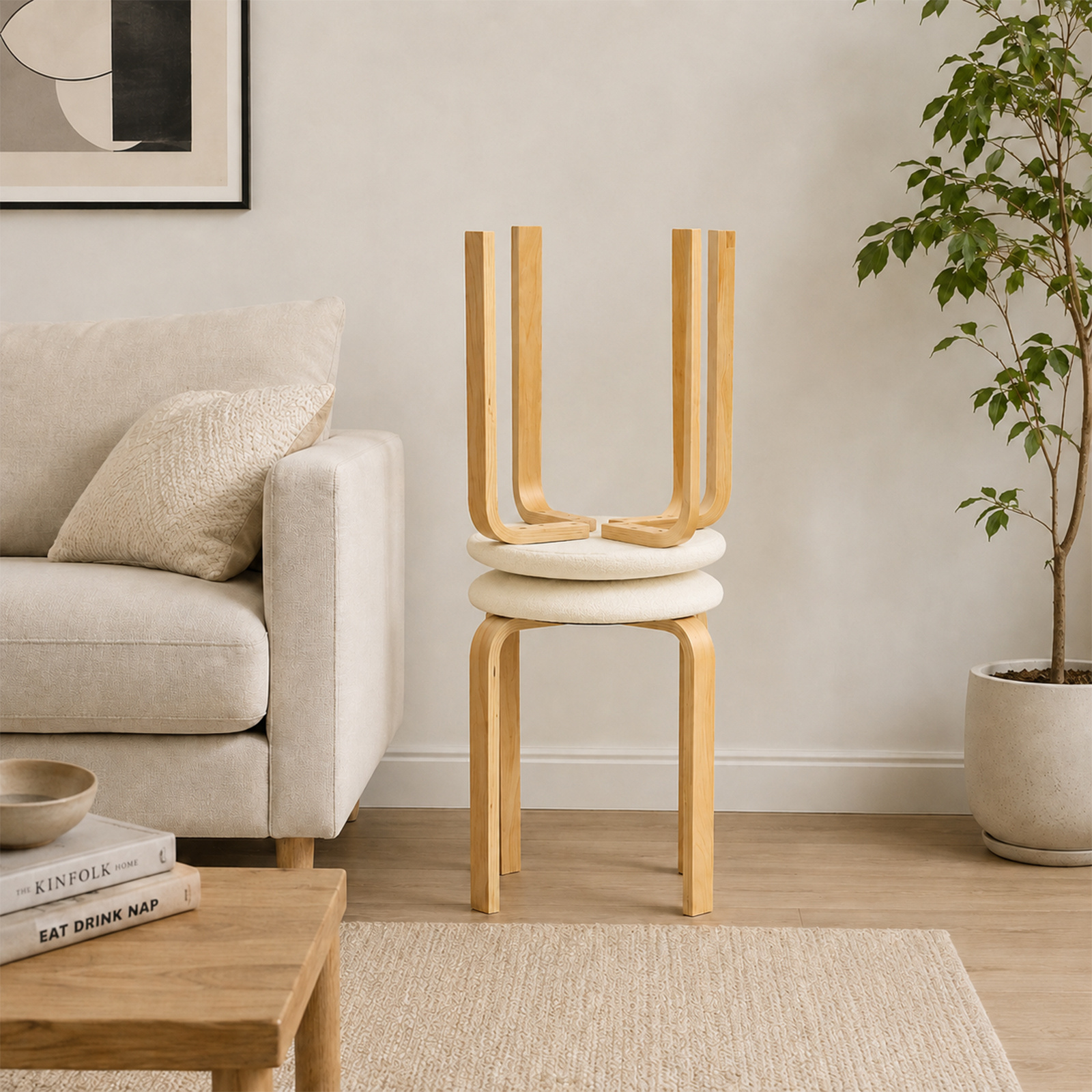 Image of 4-piece Set: Stackable Stool With Seat Cushion, Dimensions: 47.3 X 32.4 X 32.4 Cm
